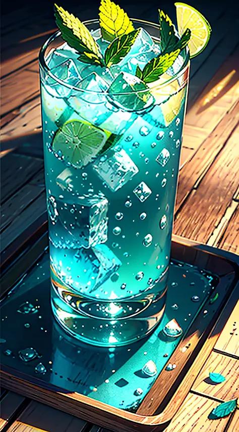 A glass of soda, frozen, frozen effect, on a wooden tray with pieces of watermelon, with mint leaves, cut small turquoise greens, with ice cubes, a few scattered ice cubes on a wooden board, super realistic Food pictures, full theme shown in photos,, Randy...
