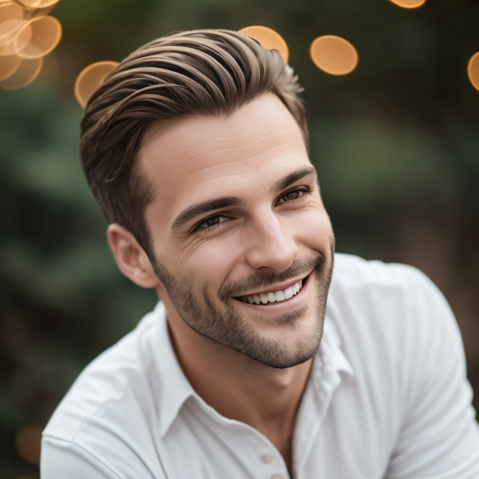 A close up of a man smiling with a white shirt on - SeaArt AI