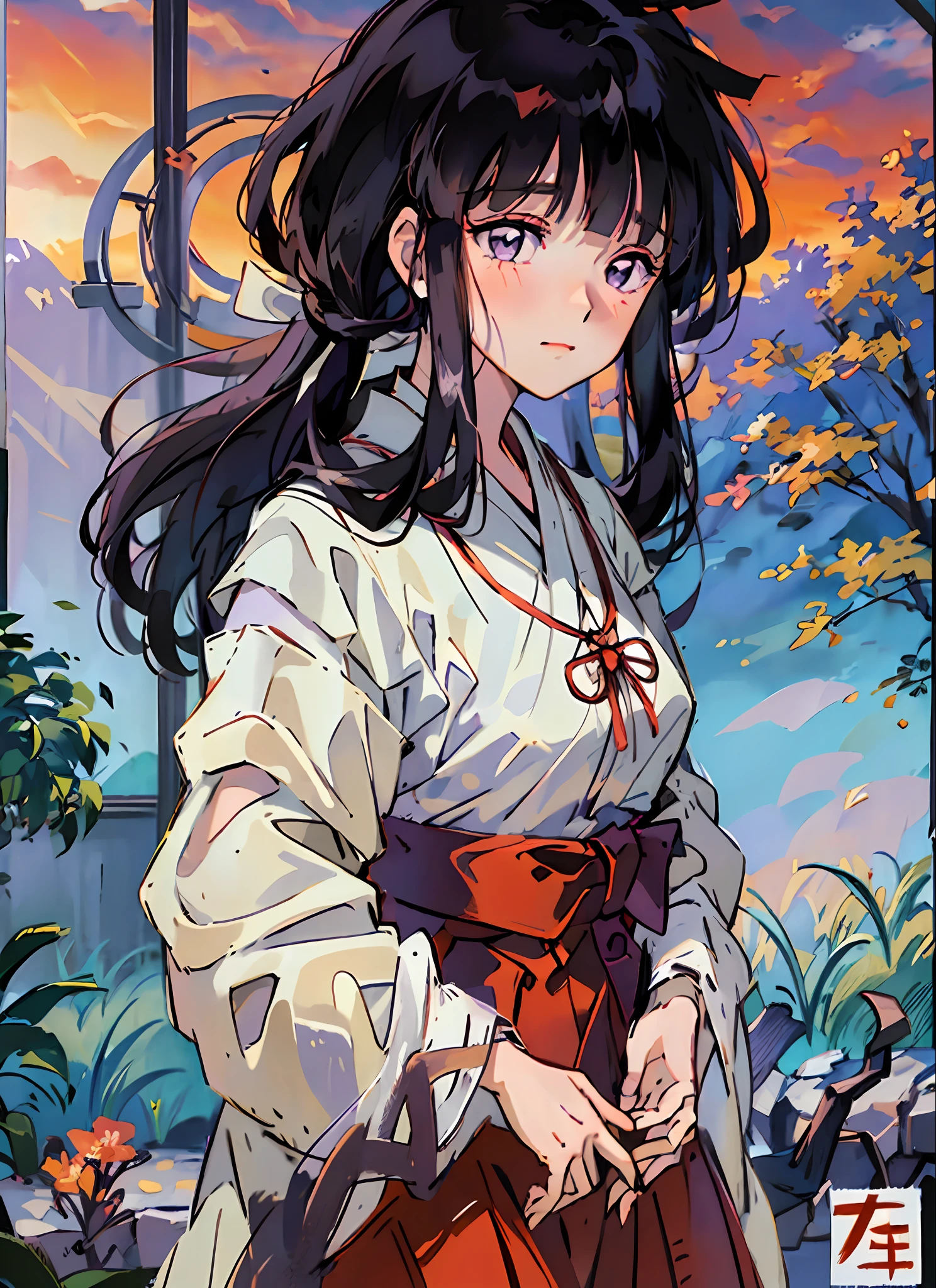 masterpiece, (((purple eyes))), ((red and white kimono)), cowboy shot, ((full body)), perfect eyes, perfect face, perfect lighting, indoors, colored sky, slight smile, blunt bangs, dark blue hair, hinata as kikyo