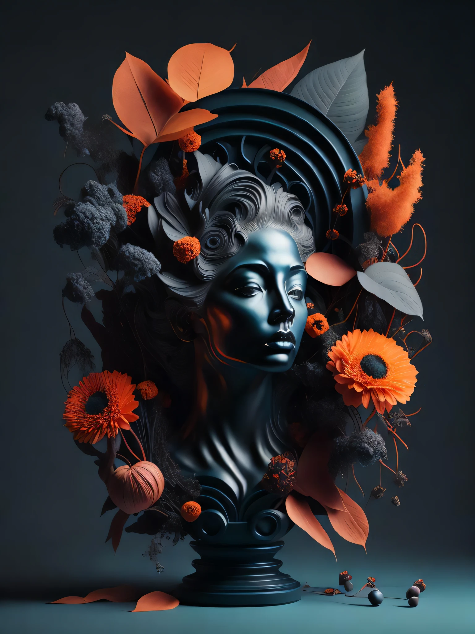 una estatua de una mujer rodeada de flores y hojas