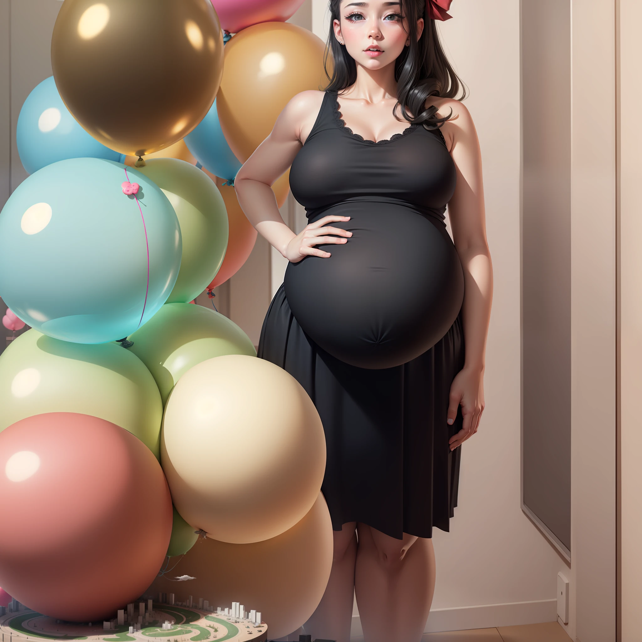 Pregnant woman standing in front of a bunch of balloons - SeaArt AI