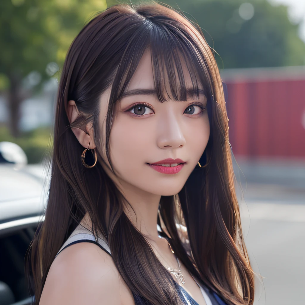 (8K、Raw photography、beste Quality、A masterpie:1.2)、(Realstic、photorealestic:1.37)、Ultra detailded、a 1 girl、In front of the car、独奏、Beautiful detail sky、(Nasal blush)、(smile on face:1.1 ）、（Keep your mouth shut）Medium breasted、Beautiful detailed eyes、jewlery、ear ring、doress、lookind at viewer、Cosplay、brown eyess、（long hairs：1.2）、Floating hair、Highly detailed CG unity 8K wallpapers、Realistic backgrounds with cinematic details、full full body、upper-body、Casual wear