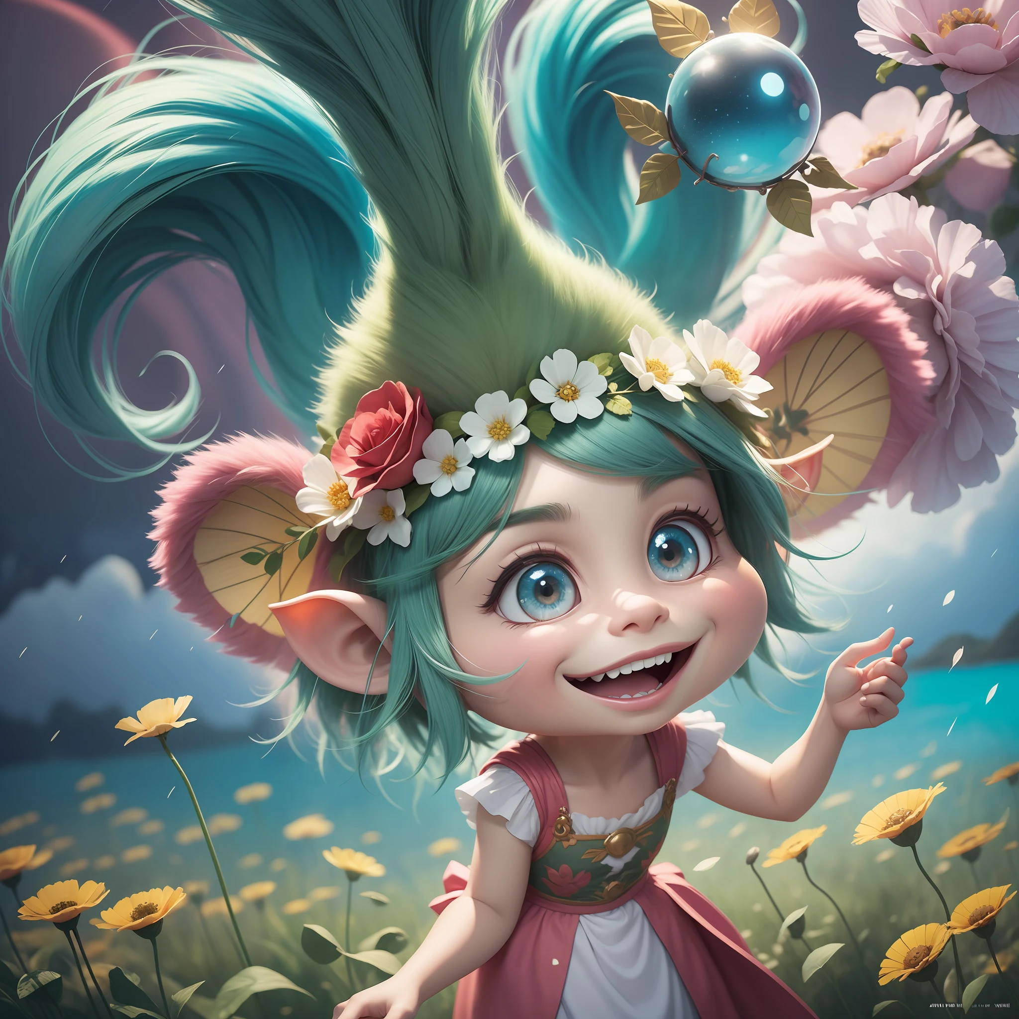 - Filme dos Trolls, poppy a rainha, cabelos rosas, vestidos azuis, coroa de flor, sorriso angelical, olhar carinhoso,  imagem realista 32k