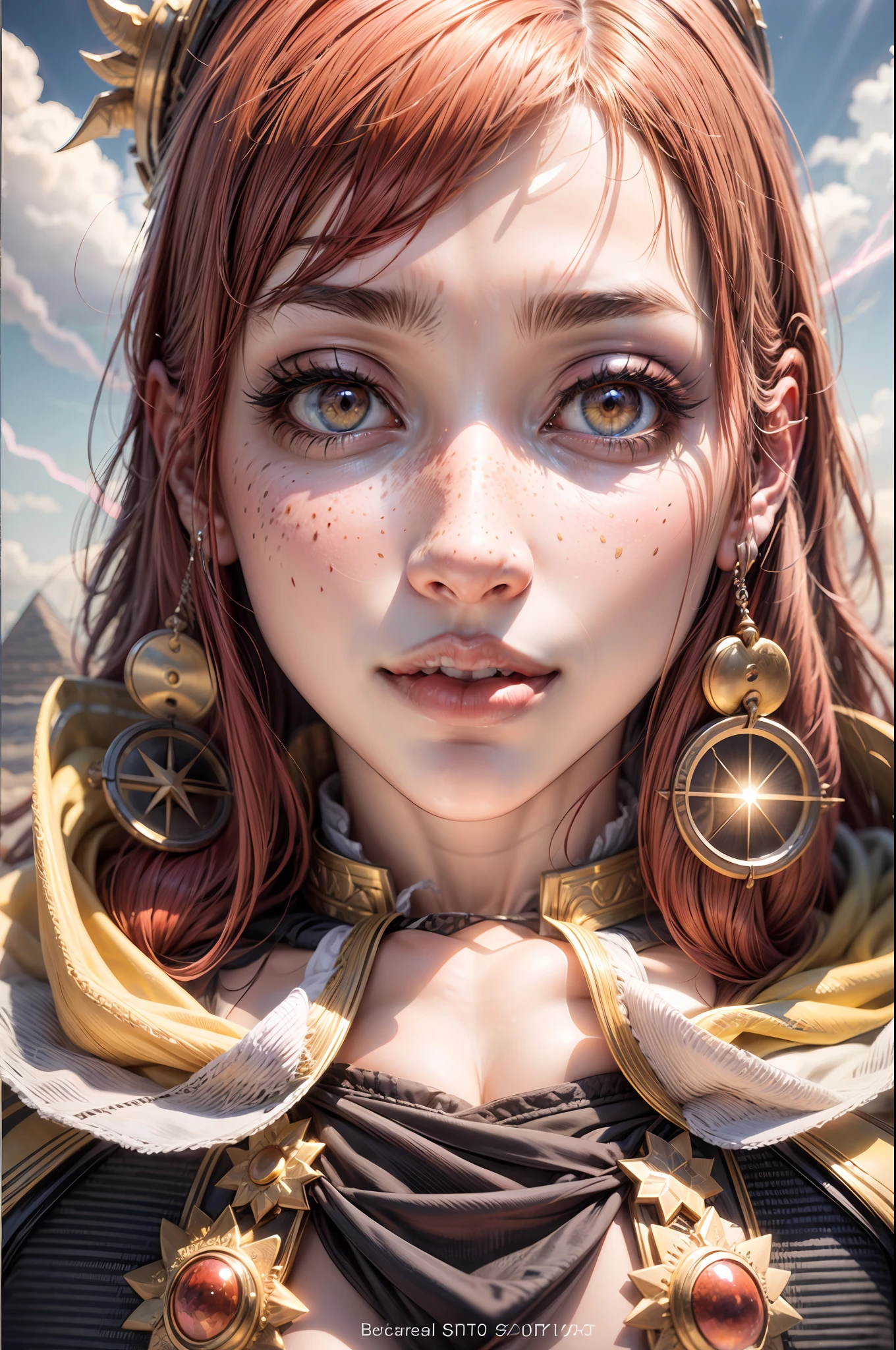 1girl, beautiful sun empress, detailed eyes, detailed face, detailed skin,mature body, tall body,seductive body,medium big breast, medium thigh, BREAK desert and pyramid backgrounds, phoenix dragon in sky, highly saturating sunbeams, holy ceremony, angelic halo, golden and orange spark dazzling around, holy magic circle, golden crown, golden majical lightning, best quality, masterpiece, trending on Art station,BREAK,Detailed,Realistic,4k highly detailed digital art,octane render, bioluminescent, BREAK 8K resolution concept art, realism,by Mappa studios,masterpiece,best quality,official art,illustration,ligne claire,(cool_color),perfect composition,absurdres, fantasy,focused, (((cameltoe))), (red hair, freckles, huge breasts, nearly naked, underboob),