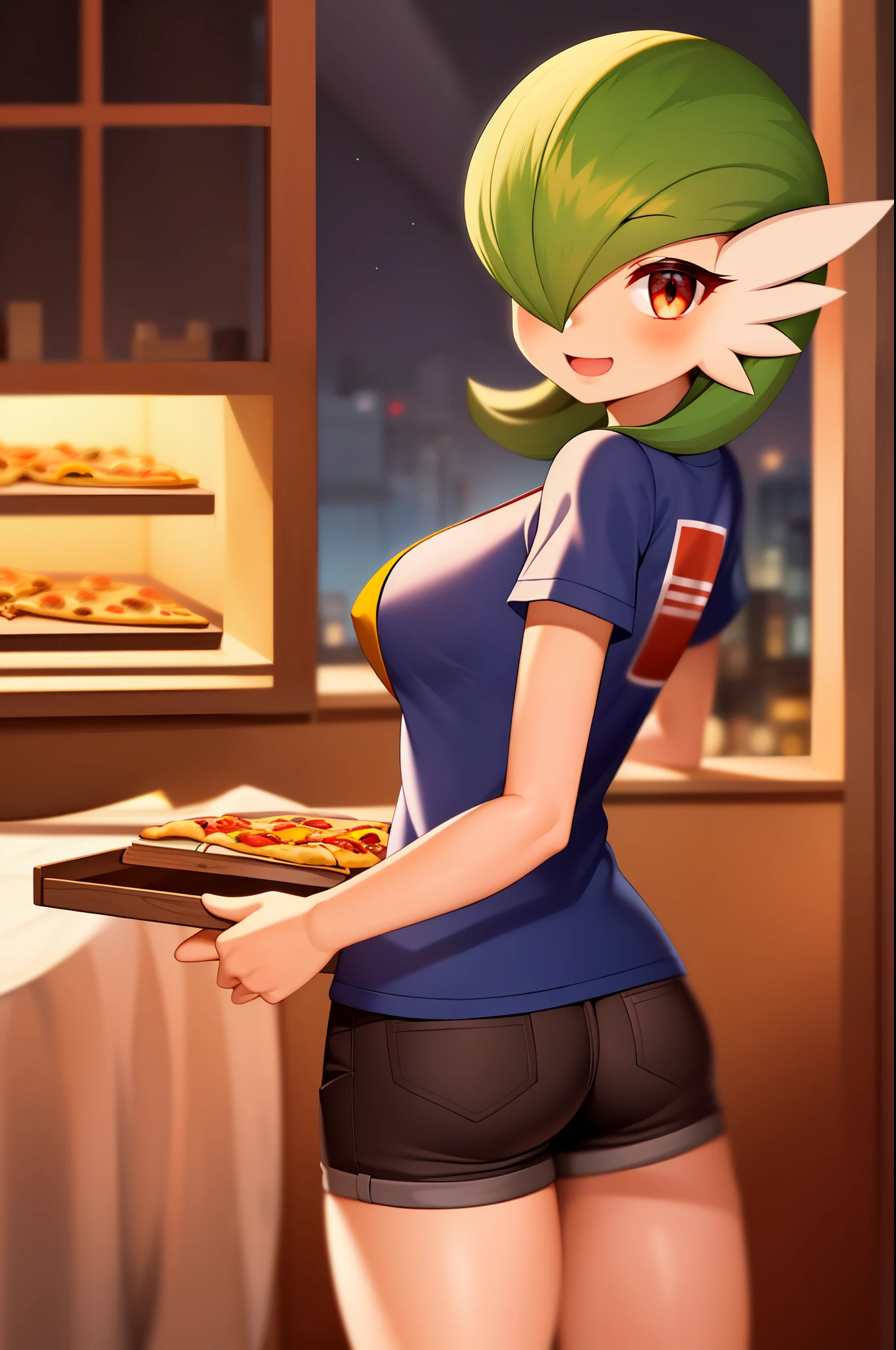 obra maestra, best_quality, 1girl, solo, gardevoir, pokemon \(criatura\), cabello verde, ojos rojos, en una ciudad, de noche, sonrisa, usando shorts, camisa roja, uniforme de pizzeria, lleva una caja de pizza en la mano, caja para pizzas, uniforme ajustado, senos femeninos, senos medianos.