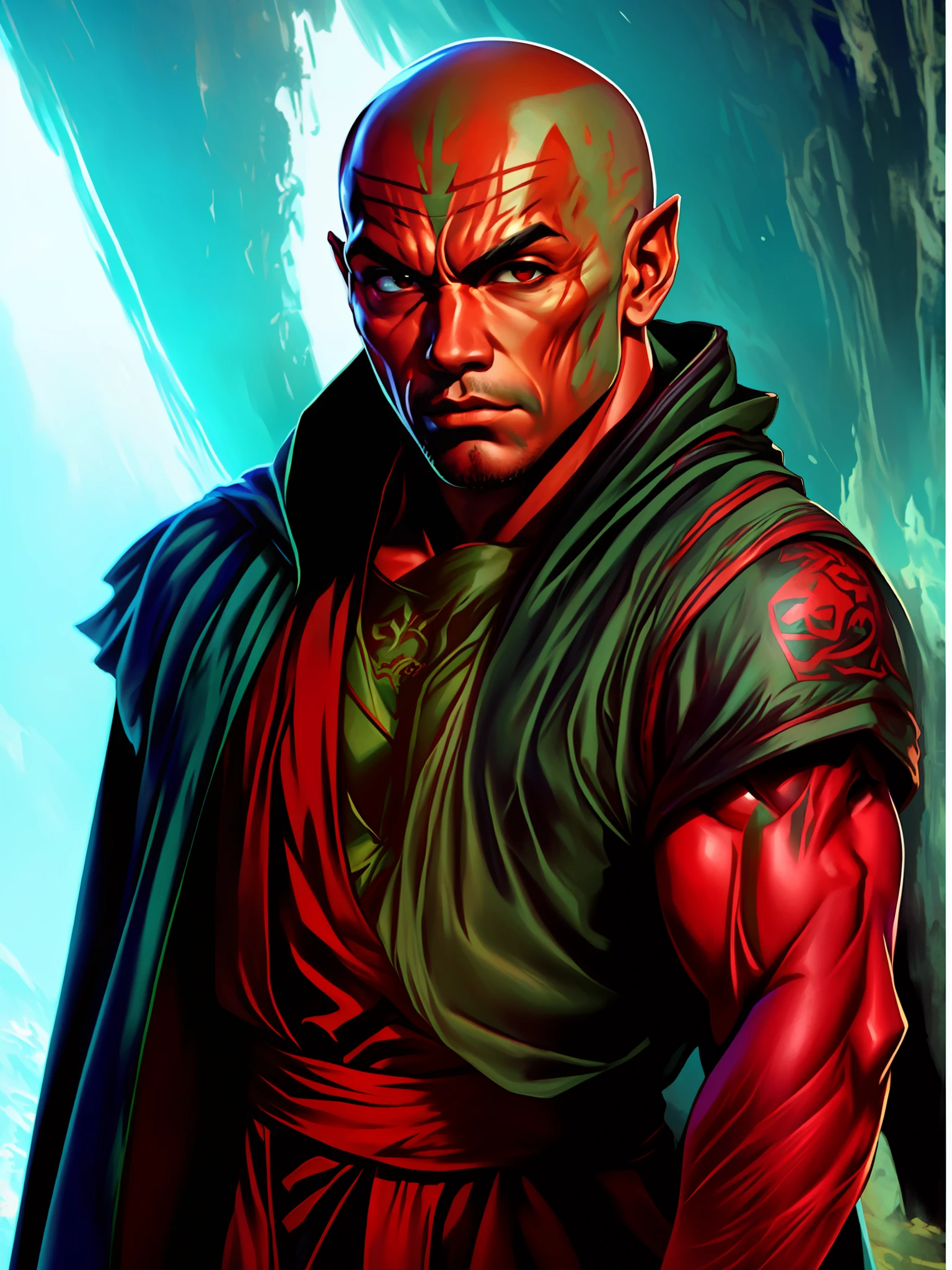 Masterpiece, Best Quality, Realistic Details, High Resolution, High Quality, Anime, Anime Style, Solo Male, Hobgoblin, Red Skin, 1man, Handsome Face, Medium Muscles, Human Face, Red Eyes, Bald, Black Robes, Monk, Tall, Chinese Tattoos