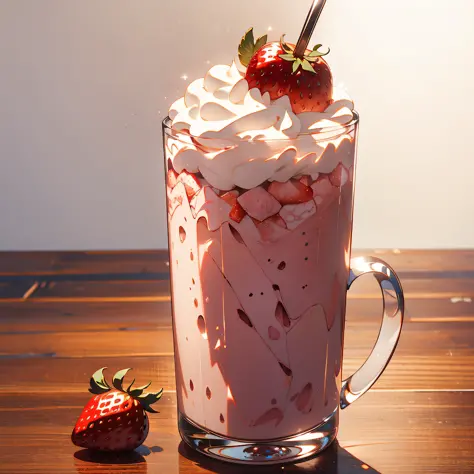 RAW photos，strawberry milkshake，foodphoto，professional colour grading，Soft shadows，no contrast，clean sharp focus，foodphoto，white...