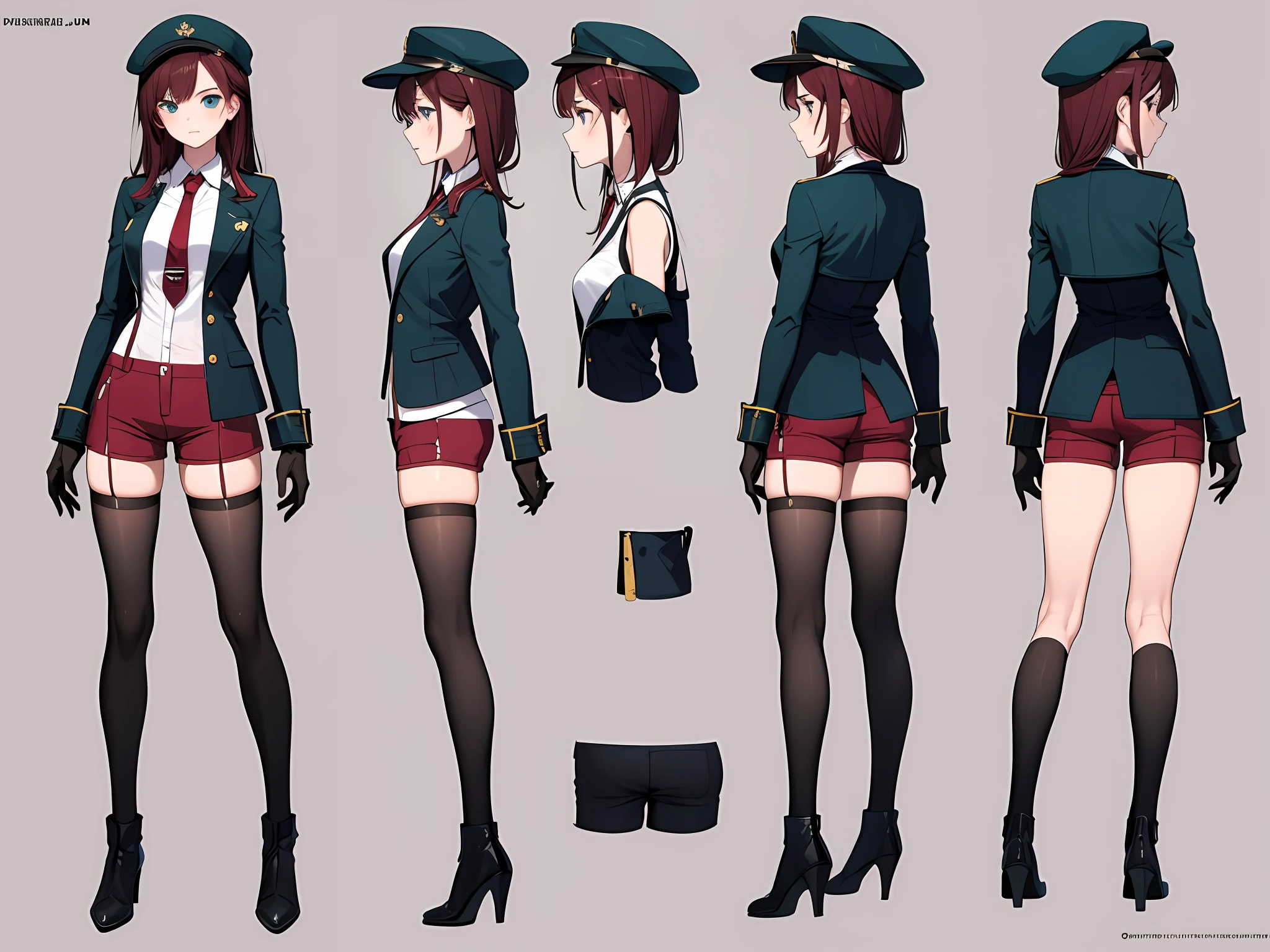 best quality, (masterpiece:1.2), illustration, absurdres,
(1girl, solo), (beautiful detailed girl), full body shot, (turnaround:1.4), multiple views, front view, side view, back view,
Noel Seeker, red hair, blue eyes, small breasts,
green_headwear, green_jacket, grey_undershirt, red_necktie, (red_shorts), black_thighhighs, brown_boots, brown_gloves,