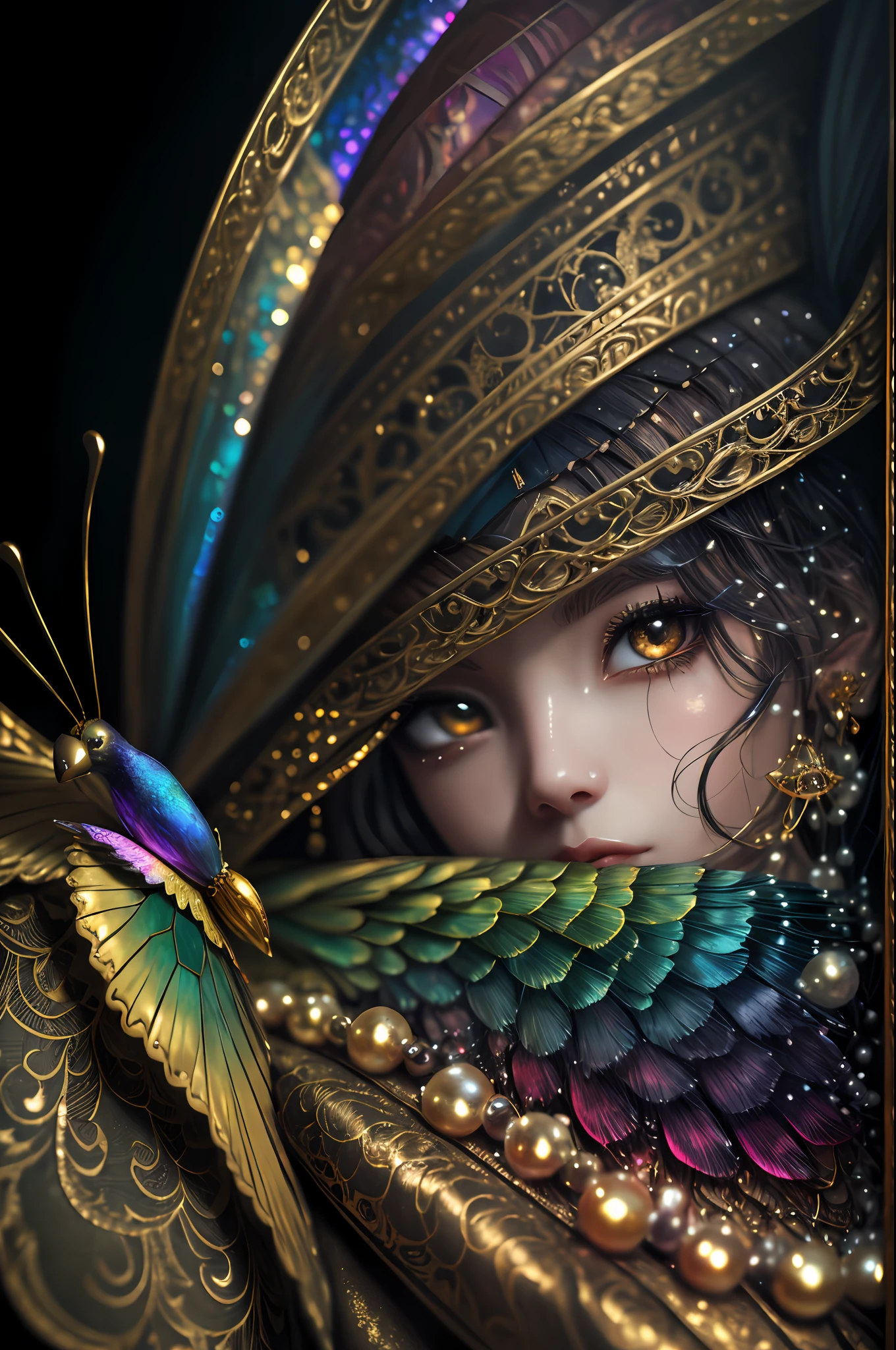 In the style of mythic fantasy and storybook fantasy, with many bright rainbow colors. Generate a mysterious fae queen with puffy lips and a wide mouth. She has a dark curls_hairstyle, side_swept_hair with a realistic texture. She has a realistic skin texture. She has 8k eyes, beautiful detailed eyes, realistically shaded eyes, and intricate detailed eyes. She has a highly detailed face. Her gossamer clothes are made of stunning french silk and beautiful polished, shimmering pearls. She is surrounded by many magical details and intricate celestial details. The artwork is very ornate, with small details and enhanced details. The artwork features phantasmal iridescence, bumps, and saturated colors as well as very detailed and gilded butterflies. The artwork features very detailed iridescent fantasy birds. The background should be interesting and relevant and octans, but the queen should be the focus of the frame. Lighting: Utilize innovative and beautiful lighting techniques including subsurface scattering, ambient lighting, and studio lighting that emphasizes fantasy details. Camera: She is the center of the frame. Utilize dynamic composition to create an exciting artwork with a lot of action and visual interest. Include mysterious ribbon, mysterious magic, and rays of shimmer. intricate, elegant, highly detailed, majestic, digital photography, art by artgerm and ruan jia and greg rutkowski, gold butterfly filigree, broken glass, (masterpiece, sidelighting, finely detailed beautiful eyes: 1.2), hdr,