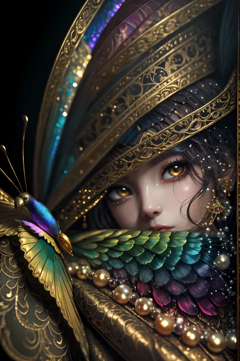 In the style of mythic fantasy and storybook fantasy, with many bright rainbow colors. Generate a mysterious fae queen with puff...