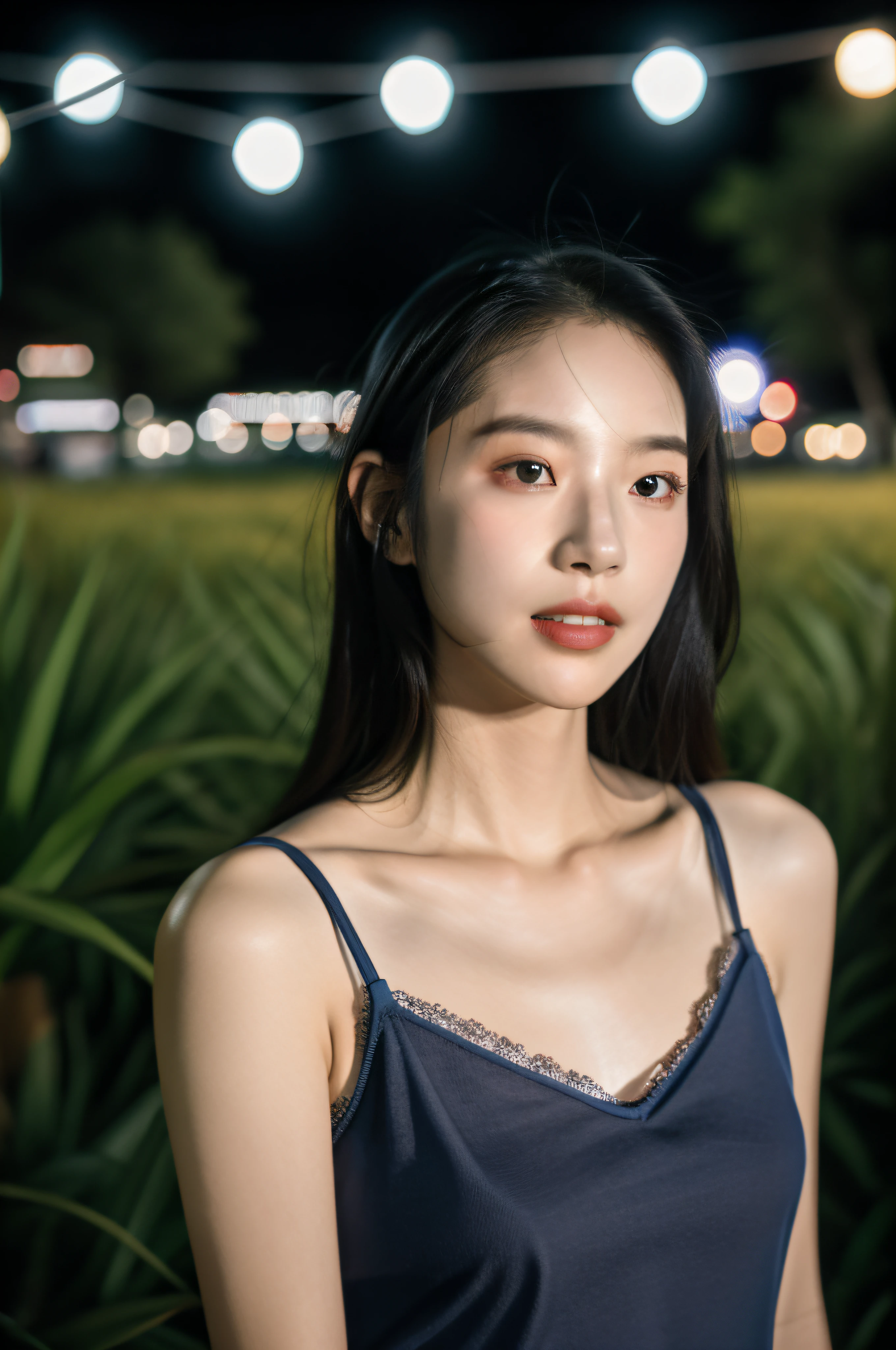 1girls，idolannequin，deep of field，Photo showing，filmes，Side face，Ruffle your hair，Look in the other direction，Skinny，Haha，fcollarbone，teeth，long way hair，Lazy，filmes，camisole，selfee，Night，Boyfriend perspective