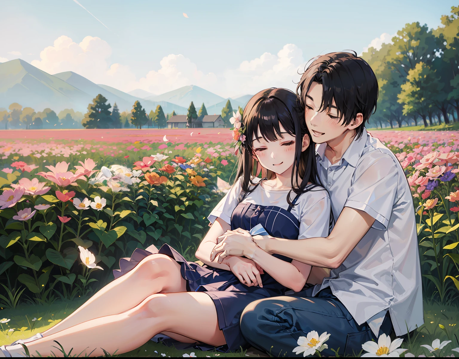 Anime couple sitting in a field of flowers with a mountain in the  background - SeaArt AI