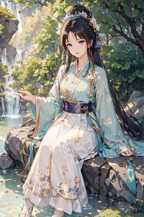shukezouma,masterpiece, highres, best quality, professional lighting, photon mapping, radiosity, physically-based rendering,1girl solo, sitting,countless waterfalls flowing down from the mountains, pine trees and flowering trees,hanfu, song style outfits, ...