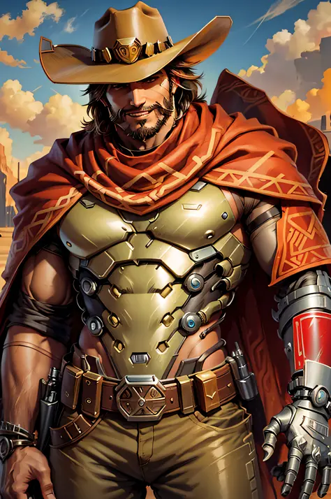 mccree, western setting, cowboy hat, red poncho, muscular, hunk, mechanical body, cybernetic right arm, cape, setting sun in bac...