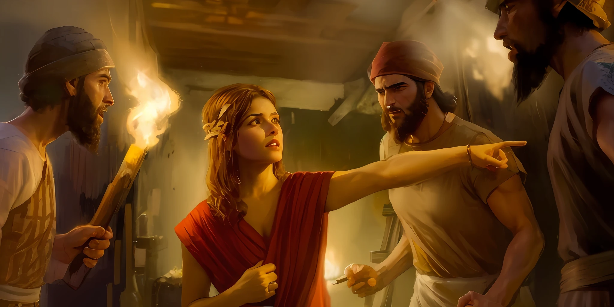 Generate an image depicting a historical scene in the city of Jericho, where two Israeli warriors talk to a woman in a simple dwelling. It's night, the scene should have a cold color palette and detailed settings and costumes reflecting the historical context. The three characters are young, com a mulher sendo excepcionalmente bonita. Your facial expressions should convey concern. Capture the tension of the moment while ensuring accuracy to the historical context, attention to the details of the costume and the scenery, Velho Testamento, 1600 anos antes de Cristo, 4k, HDR