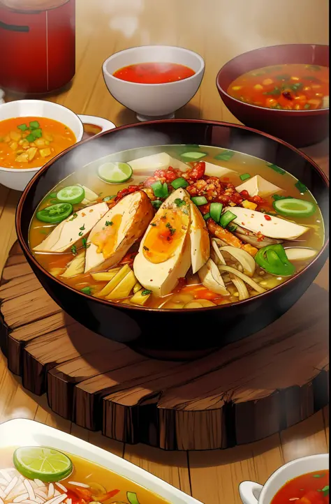 food, anime, manga, comic, a bowl of soto ayam with chili sauces, rice, wooden table, yellow soup, hot steam, volumetric, rim lighting, soft focus, blurry background