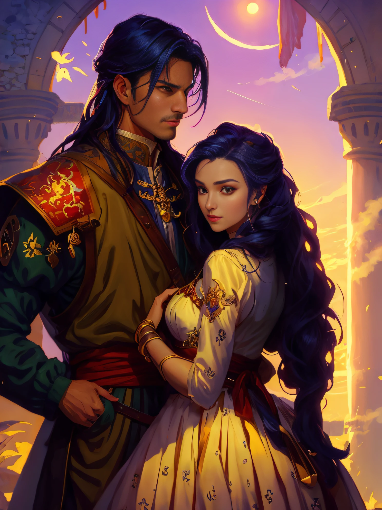 arafed image of a couple dressed in medieval clothing standing in front of a castle, wlop and sakimichan, artwork in the style of guweiz, by Yang J, fantasy art style, beautiful character painting, sakimichan and frank franzzeta, fantasy style art, guweiz, highly detailed exquisite fanart, magali villeneuve'
