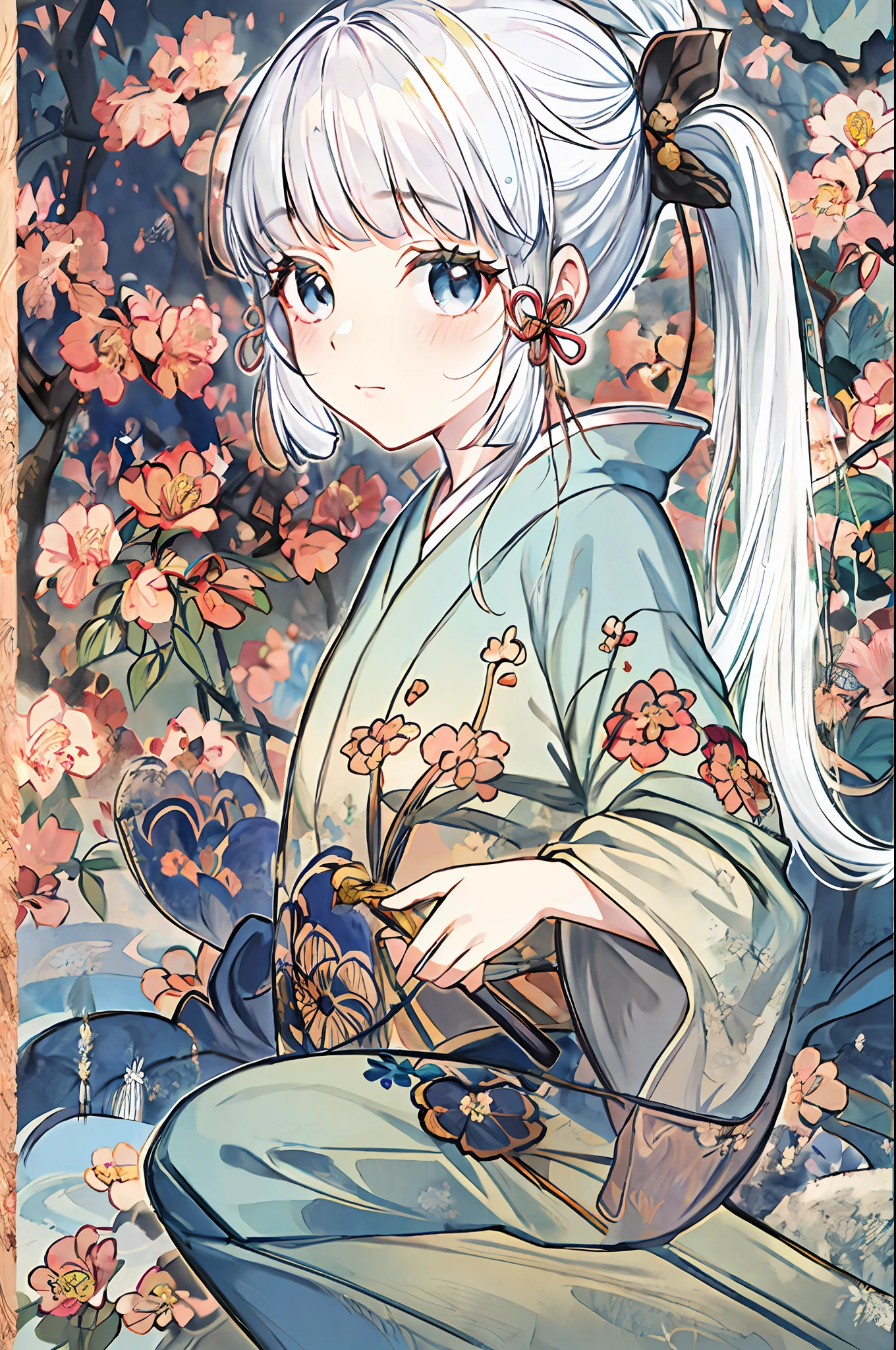 in kimono,(whitehair,Qi bangs:1.2),(loli face:1.1),Delicate face,(Peach blossom eyes:1.1),kamisato ayaka,(The painting style is cute:1.1),Ayaka,kamisato ayaka,view from distance,stand firm