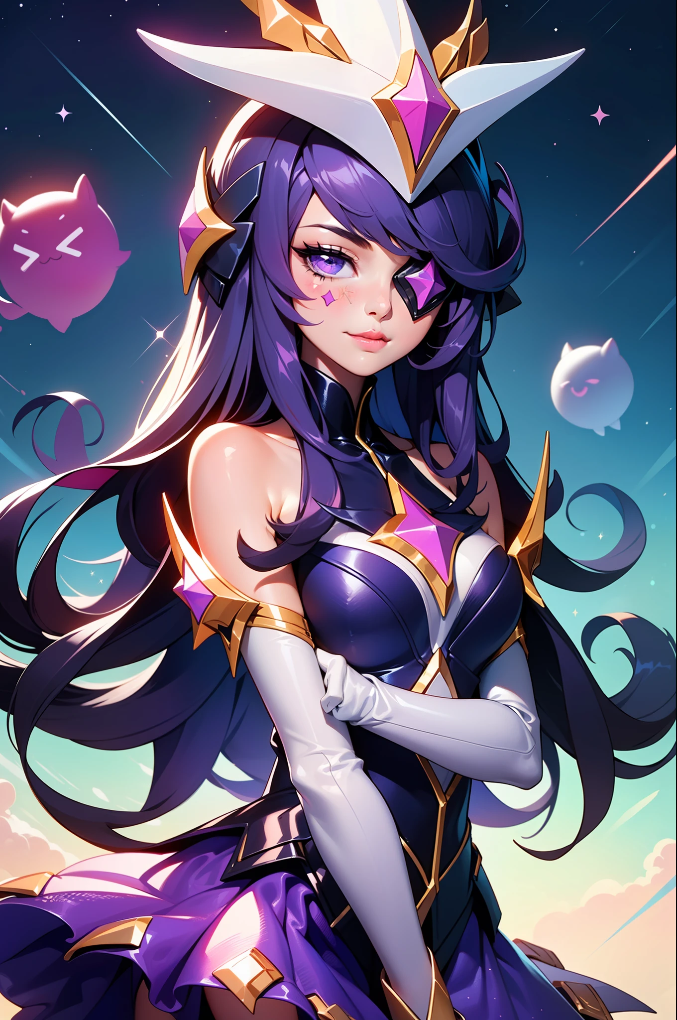 (Masterpiece:1.2), best quality, (illustration:1.2), star guardian syndra, 1girl, eyepatch, hair ornament, frilled skirt, dress, upper body, potrait