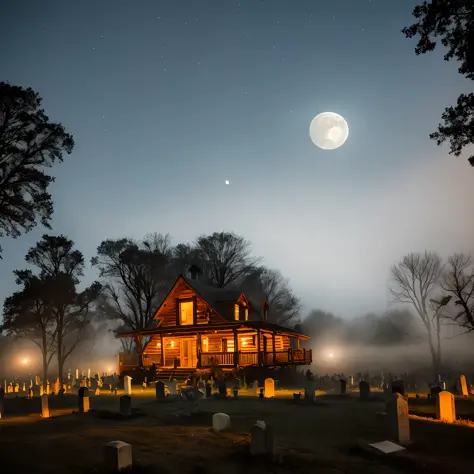 (Two-level cabin terrorizes the center of a night cemetery with full moon and fog) un asesino vestido d enegro con una guitarra ...