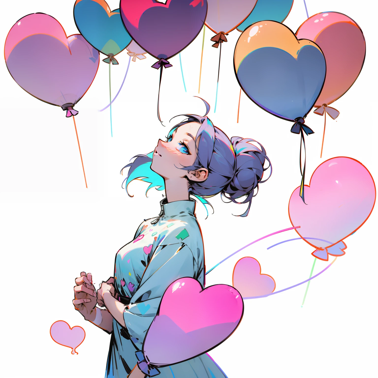 En esta sencilla ilustración, Una mujer sostiene un colorido globo en forma de corazón.. Su cabello está atrapado en un moño desordenado mientras mira hacia arriba con asombro. El fondo está lleno de un tono pastel de azul claro., evocando una sensación de ligereza y felicidad.