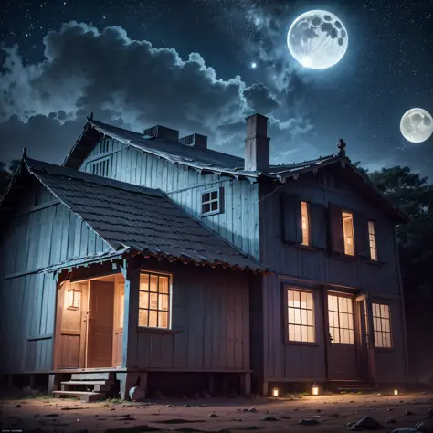 (Two-level cabin terrorizes the center of a night cemetery with full moon and fog) un hombre asesino vestido de negro con una gu...