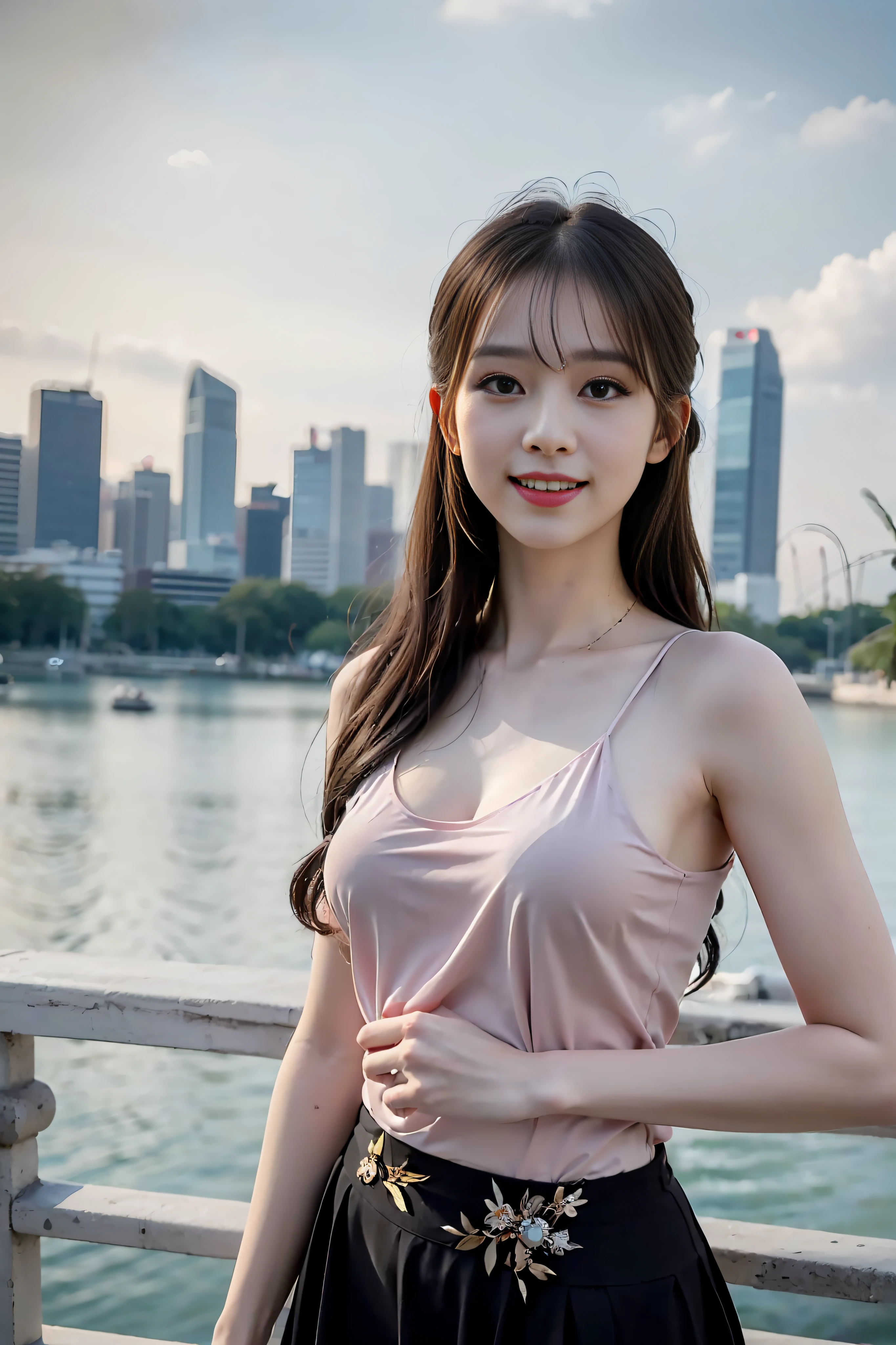 ((Best quality, 8k, Masterpiece :1.3)), 1girl, Pretty woman with smile :1.3, (random hairstyles, black hair, medium breasts :1.2), date outfit :1.2, Outdoor, Ultra-detailed face, Detailed eyes, Double eyelid, background Singapore scenery, Merlion