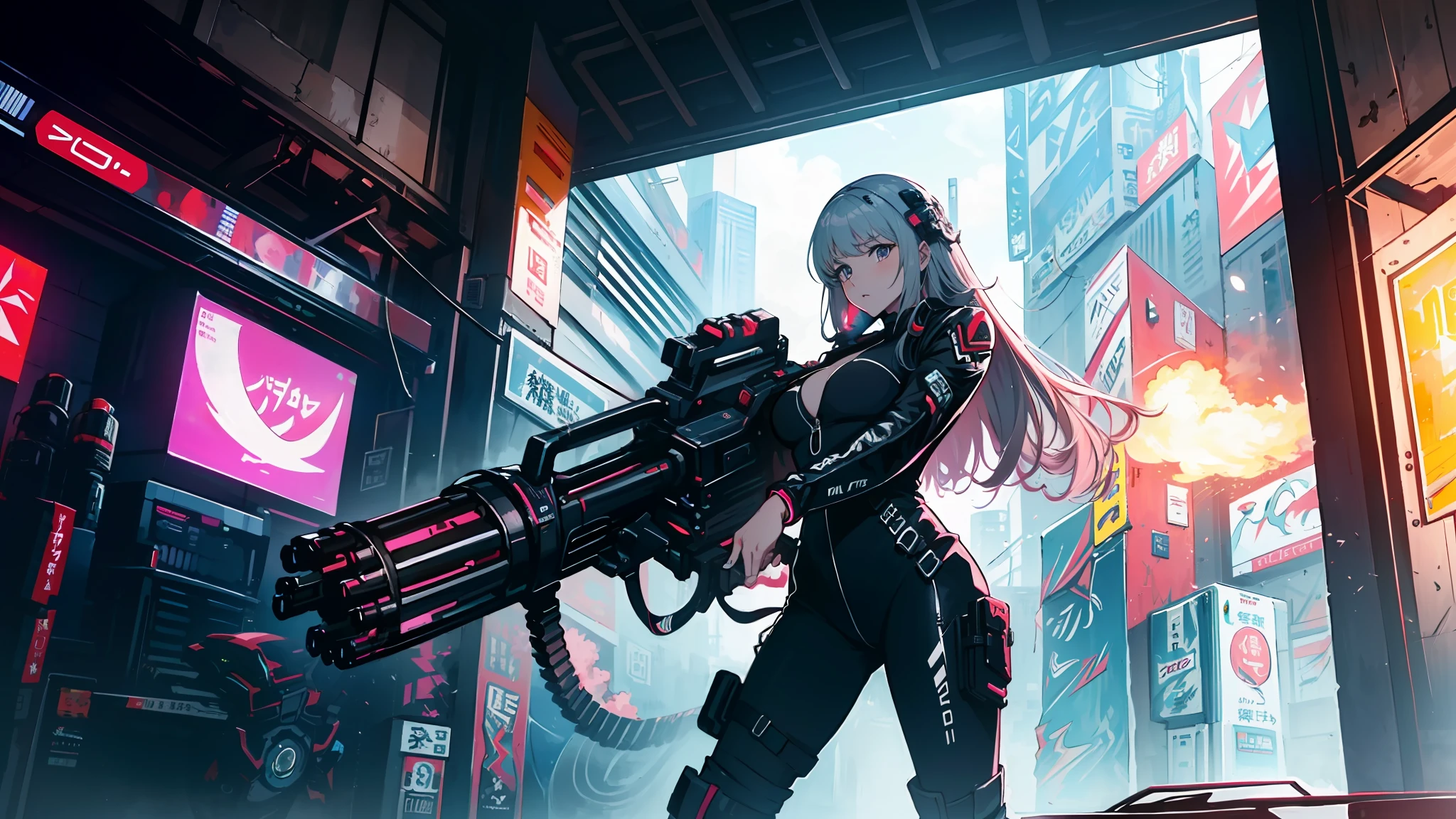 ((beste Qualität)), ((Meisterwerk)), (sehr detailliert:1.3) wunderschöne Hyper-Waifu im Cyberpunk-Bodysuit feuert Gatling-Gewehr ab,gun,Anime-Serie,