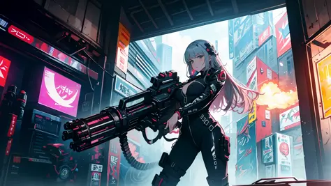 ((Best quality)), ((masterpiece)), (highly detailed:1.3) beautiful hyper waifu in cyberpunk bodysuit firing gatling gun,gun,anim...