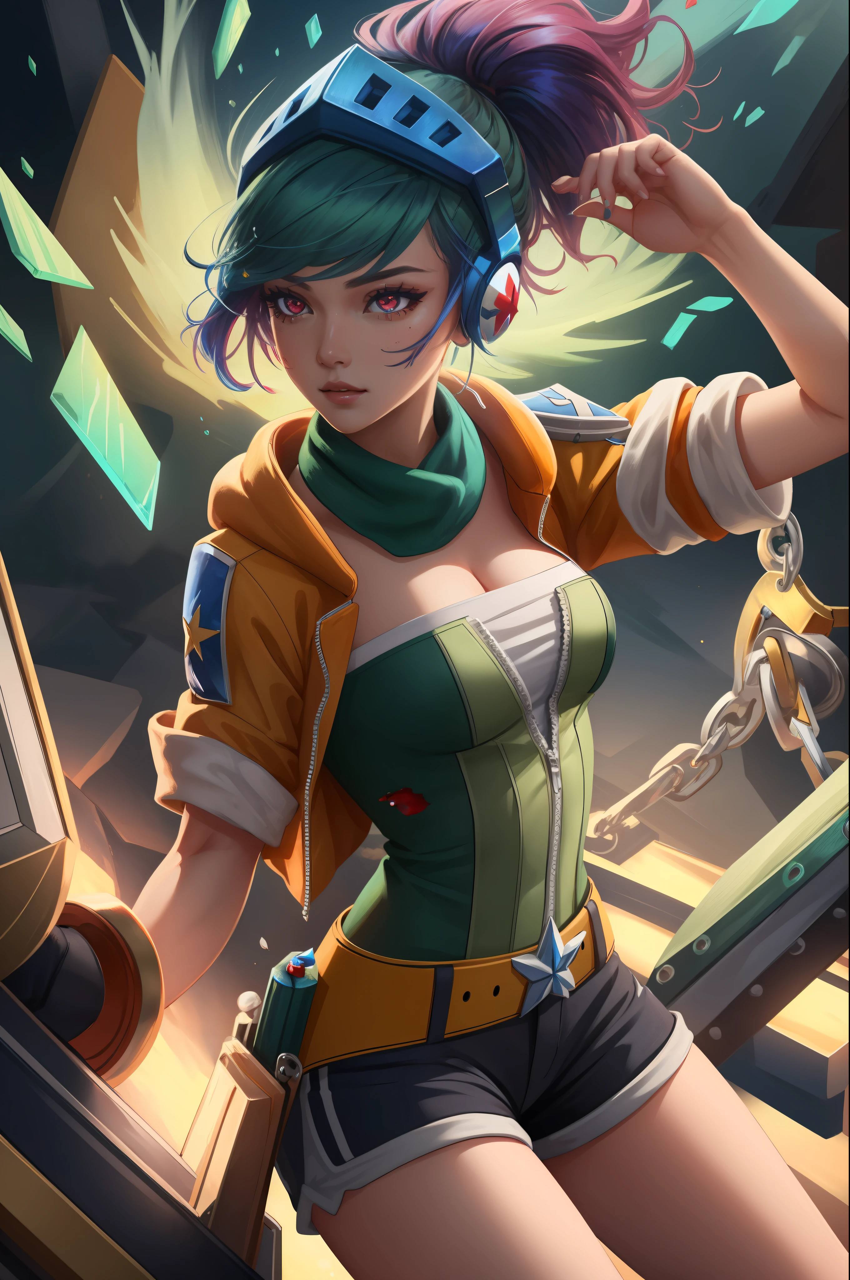 (masterpiece, best quality), intricate details, 8k, artstation, wallpaper, official art, splash art, sharp focus,
1girl, solo, Riven, red_eyes, shorts, meduim_breast, broken sword with green details and blood