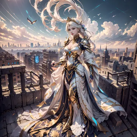 (The ancient king stood on the city wall.:1.3)，Bird's eye view of the city。The tall and mighty mech looked golden，The city below is bustling，High-rise buildings and roads crisscross the city,(((Masterpiece))),(((Best quality))),((Ultra-detailed))((Extremel...