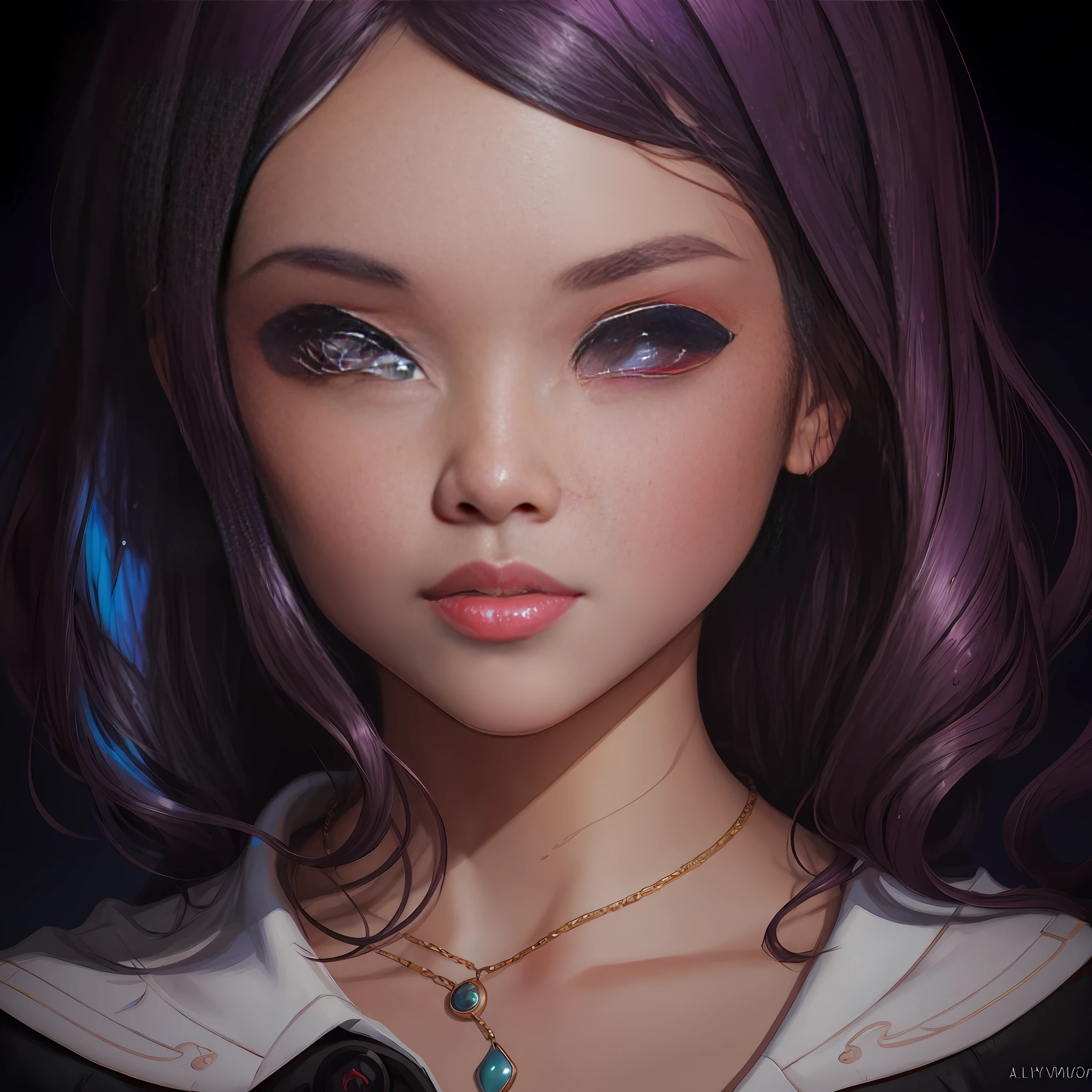 um close up de uma mulher com cabelo roxo e uma camisa preta, Ilya Kuvshinov. 4 mil, Retrato CGSetividade, Rosto de Ilya Kuvshinov, Arte digital realista em 4K, Arte digital realista em 4K, retrato do cabelo roxo da mulher, Artgerm ; motor 3d irreal, pintura digital realista, Arte digital Ilya Kuvshinov