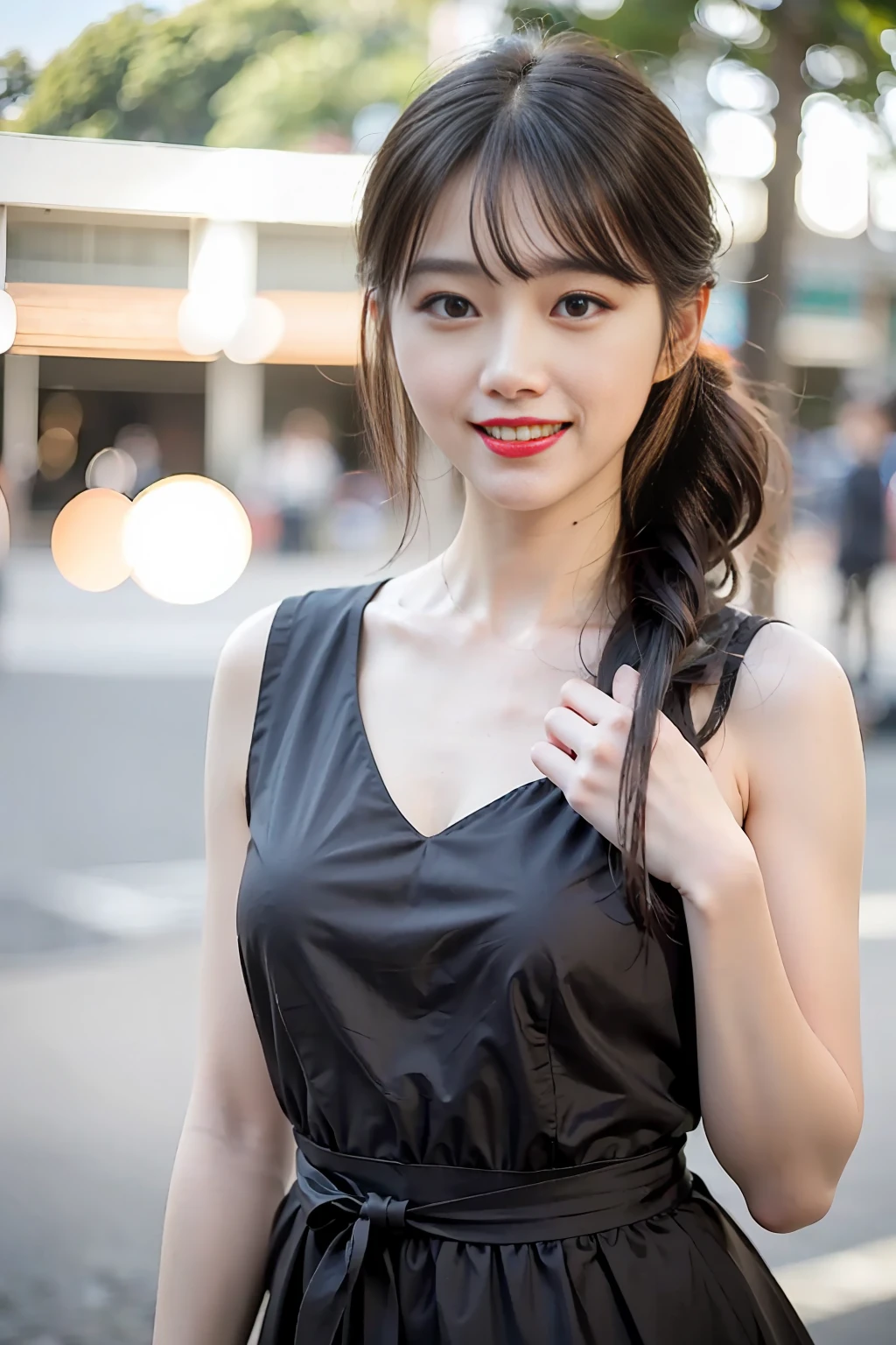 ((Best quality, 8k, Masterpiece :1.3)), 1girl, Pretty woman with smile :1.3, (random hairstyles, black hair, medium breasts :1.2), date outfit :1.2, Outdoor, Super Ultra-detailed face, Detailed eyes, Double eyelid, background morning Singapore scenery with people.