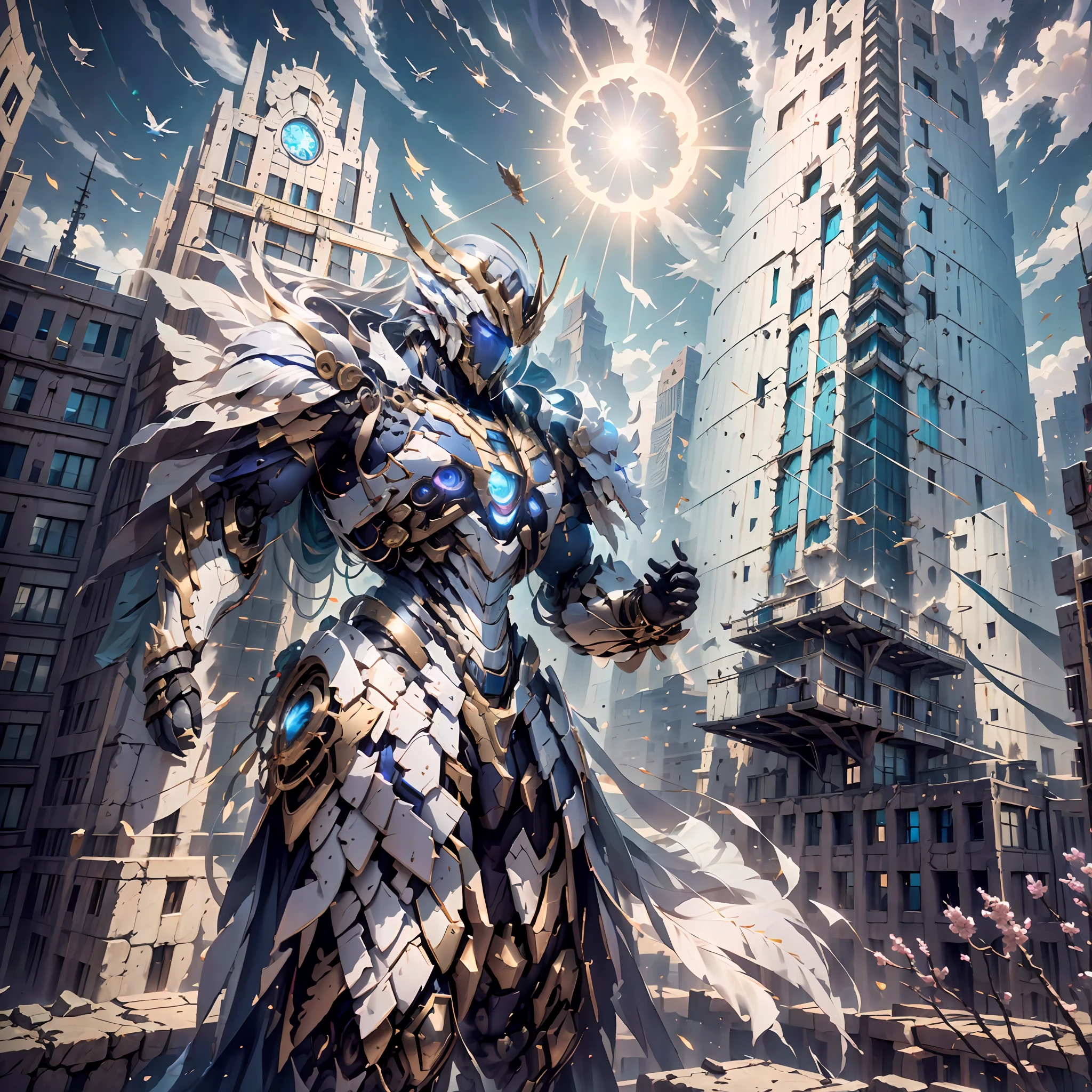 (The ancient king stood on the city wall.:1.3)，Bird's eye view of the city。The tall and mighty mech looked golden，The city below is bustling，High-rise buildings and roads crisscross the city,(((Masterpiece))),(((Best quality))),((Ultra-detailed))((Extremely detailed CG)),((16k_wall paper))((An extremely delicate and beautiful)),{Photorealistic},Full body, Detailed light,full bloom,,,A masterpiece from the Canon EOS R6 shooting,((masterspiece)) ,cinematiclight,Unreal Engine 5,the creamy smooth skin