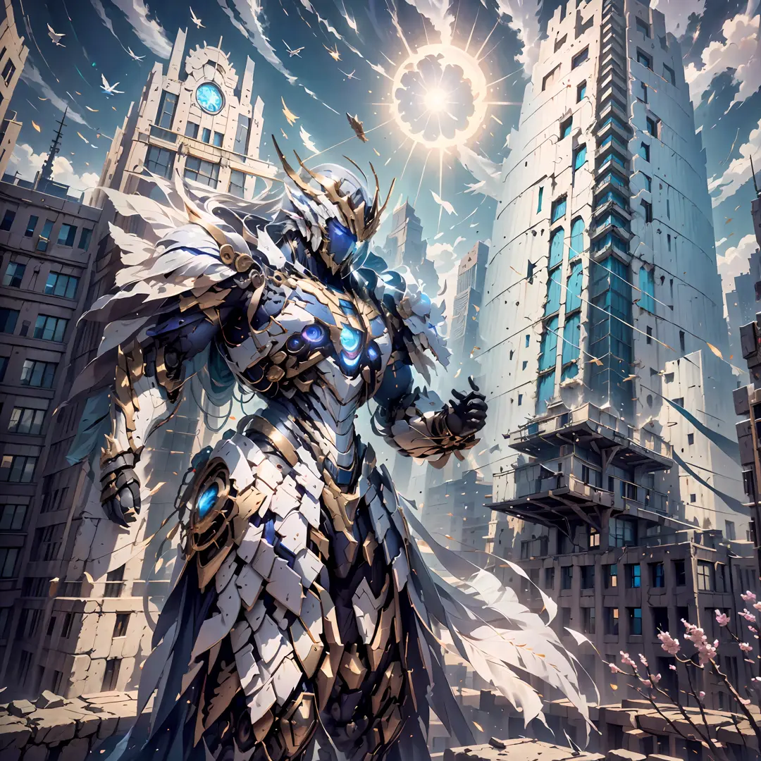 (The ancient king stood on the city wall.:1.3)，Bird's eye view of the city。The tall and mighty mech looked golden，The city below is bustling，High-rise buildings and roads crisscross the city,(((Masterpiece))),(((Best quality))),((Ultra-detailed))((Extremel...