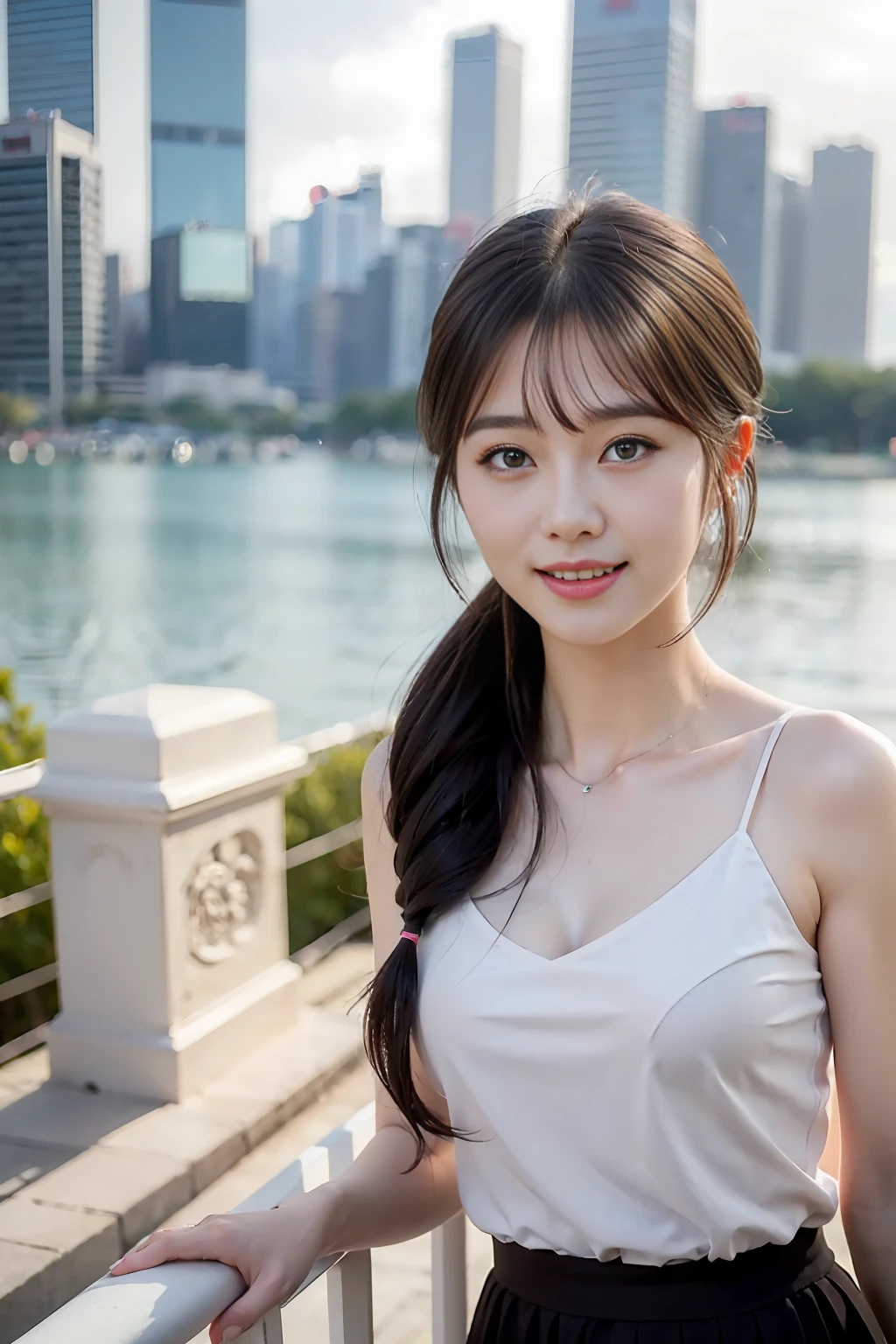 ((Best quality, 8k, Masterpiece :1.3)), 1girl, Pretty woman with smile :1.3, (random hairstyles, black hair, medium breasts :1.2), date outfit :1.2, Outdoor, Super Ultra-detailed face, Detailed eyes, Double eyelid, background morning Singapore scenery with people.