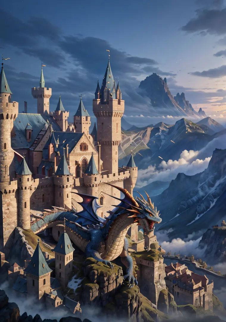 (1dragon) with wings spread on top of a castle that is on a mountain , masterpiece, best quality, ultra quality, absurd details,...