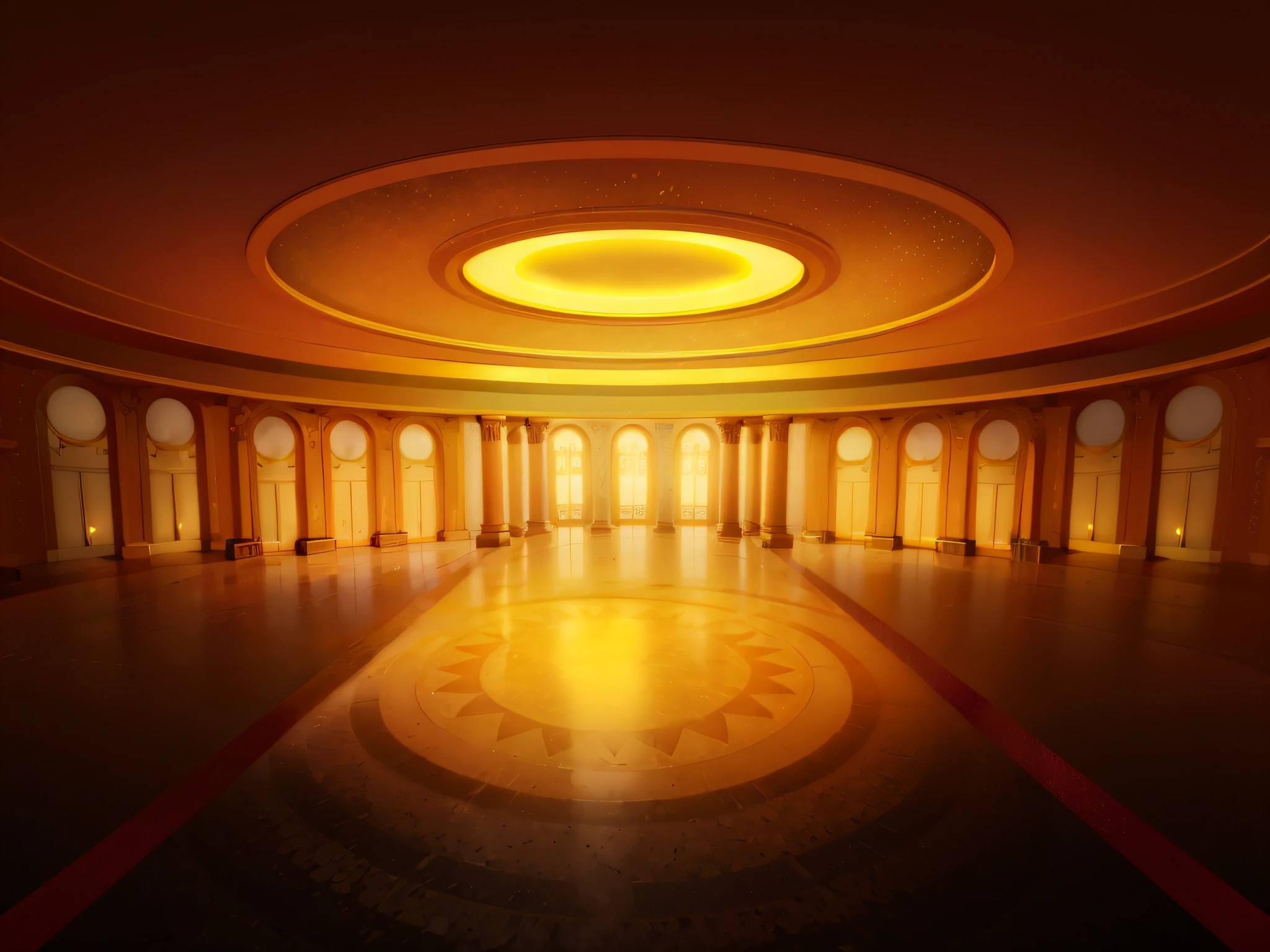 there is a large room with a circular ceiling and a red carpet, ballroom background, background of a golden ballroom, background art deco palace, dance hall background, interior background art, in a futuristic desert palace, palace background, decadent throne room, Throne Room, arena background, indoors background, exquisitely designed throne room, coliseum backdrop, Stage background, futuristic hall