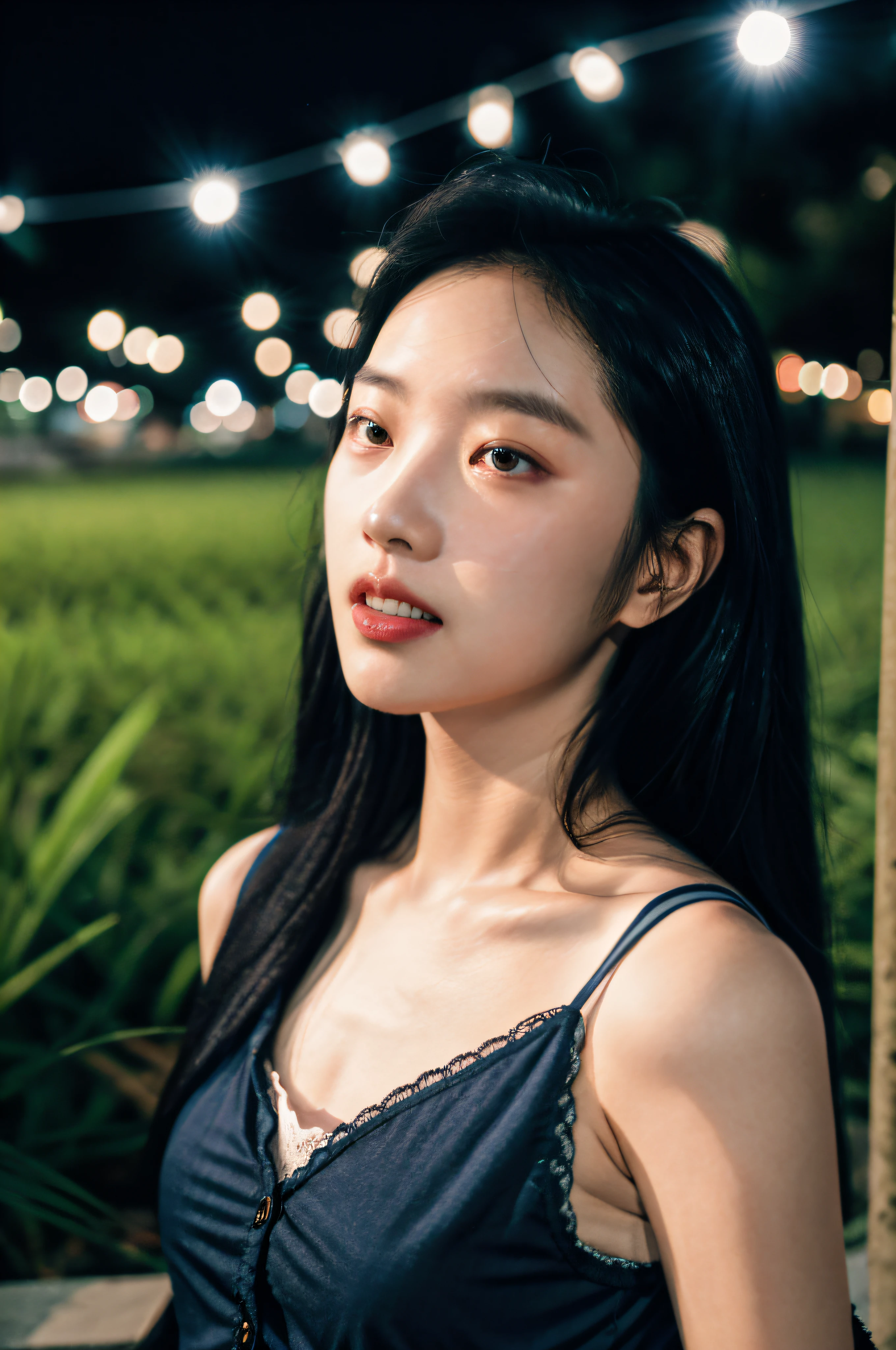 1girls，idols，mannequin，deep of field，Photo showing，filmes，Side face，Ruffle your hair，Look in the other direction，Skinny，Haha，fcollarbone，teeth，long way hair，Lazy，filmes，Dark blue camisole vest，selfee，Night，Boyfriend perspective