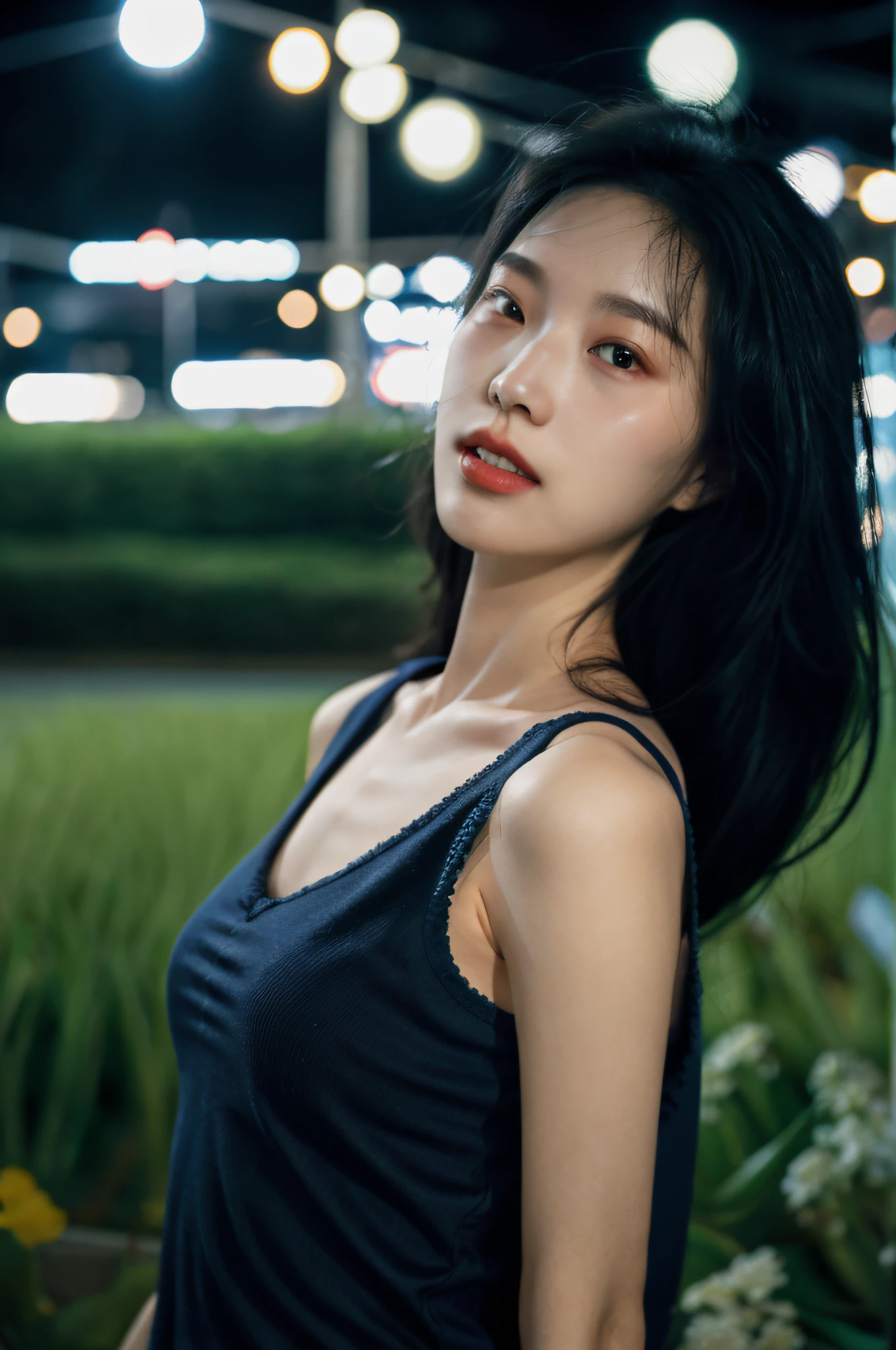 1girls，idols，mannequin，deep of field，Photo showing，filmes，Side face，Ruffle your hair，Look in the other direction，Skinny，Haha，fcollarbone，teeth，long way hair，Lazy，filmes，Dark blue camisole vest，selfee，Night，Boyfriend perspective