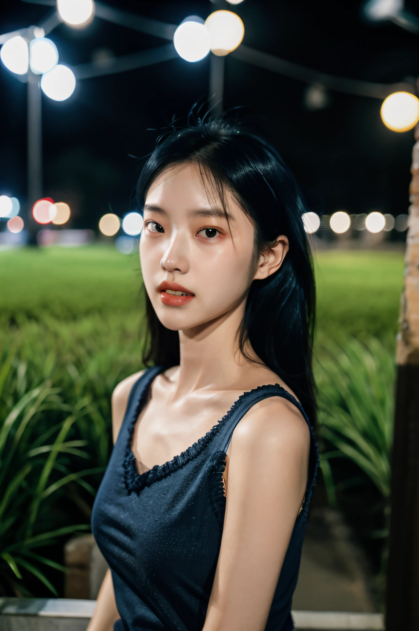 1girls，idols，mannequin，deep of field，Photo showing，filmes，Side face，Ruffle your hair，Look in the other direction，Skinny，Haha，fcollarbone，teeth，long way hair，Lazy，filmes，Dark blue camisole vest，selfee，Night，Boyfriend perspective