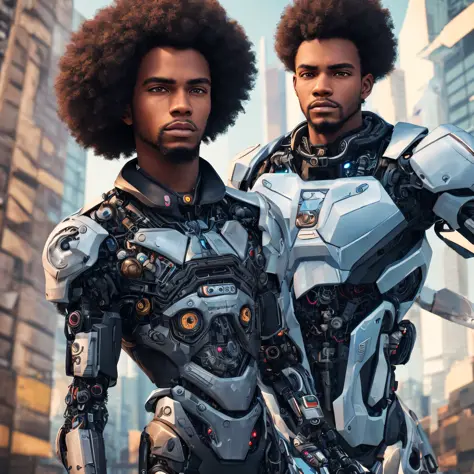 homem afro - descendente, de 20 anos, with cyberpunk robotic parts, futurista (8k, maximum quality realistic photo higher perfect rendering)