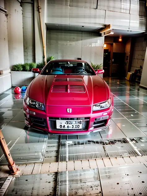 Ferrari car in the garage，White walls and green and white floors, frontal picture, 256x256, 2 5 6 x 2 5 6, red car, 1/1250s at f...