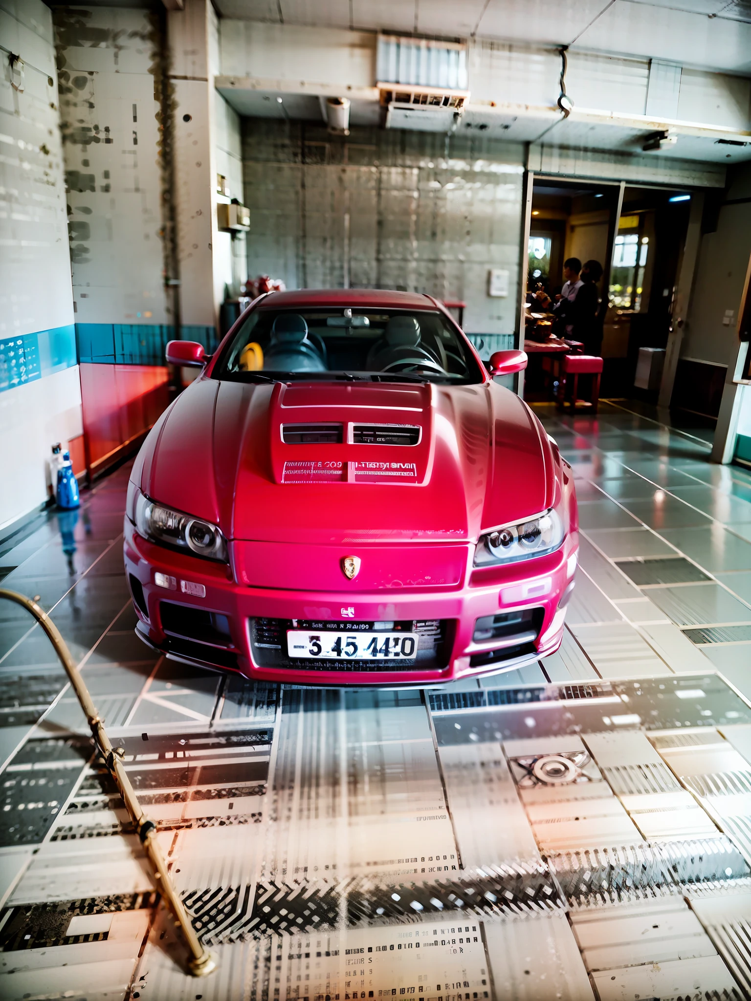 Voiture Ferrari dans le garage，Murs blancs et sols verts et blancs, photo frontale, 256x256, 2 5 6 × 2 5 6, voiture rouge, 1/1250 à f/2.8, 🔥 😎 🕹️ 👀, voiture de sport dans la chambre, Ferrari 458, la vue de face