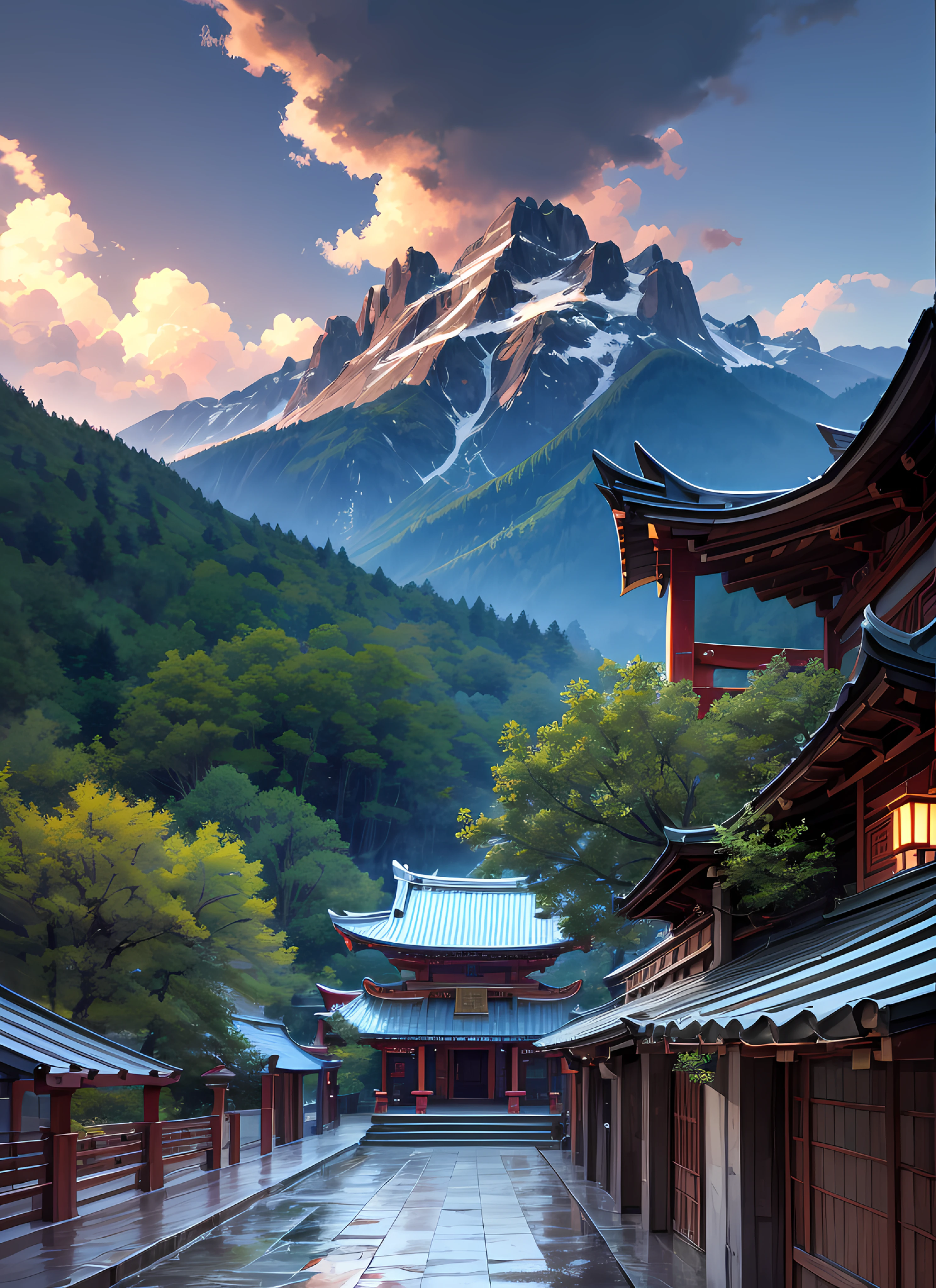 ganyudef, upper body, smile, blush, outdoors, day, simple background, blue sky, short hair, sky, temple, looking at viewer, stairs, mountain, moody lighting,