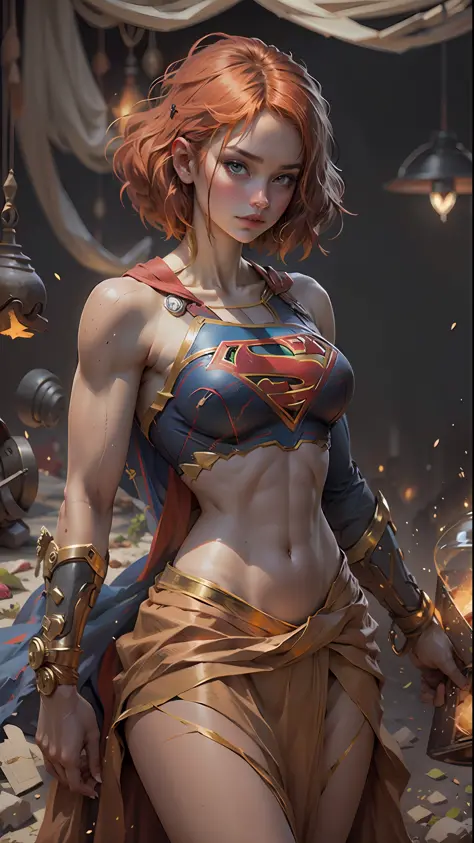 beautiful woman short hair defined body big breasts, wearing supergirl cosplay