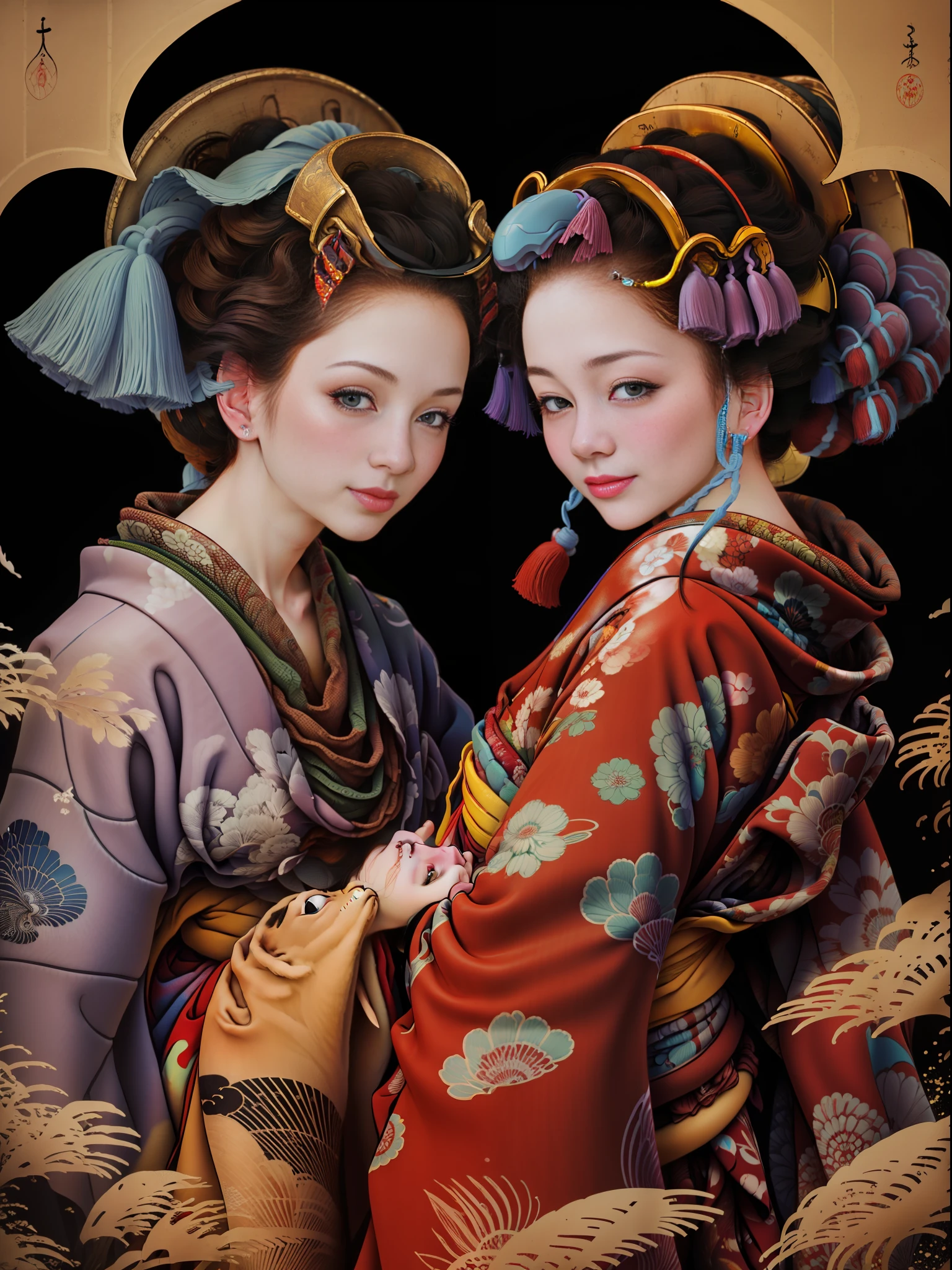 Beautiful kimono、Two women with very beautiful faces、Black eyes 