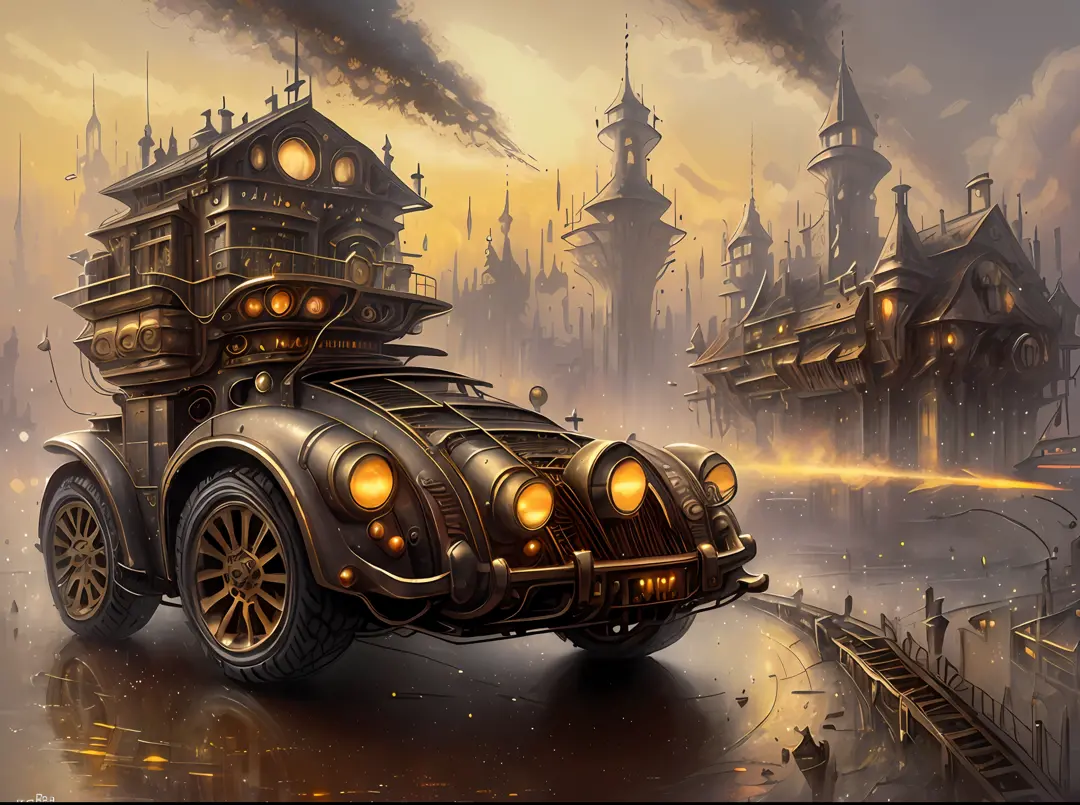 Hay una imagen de un coche a vapor en una ciudad colonial, coche steampunk, Arte digital steampunk, Arte digital steampunk, sci-...
