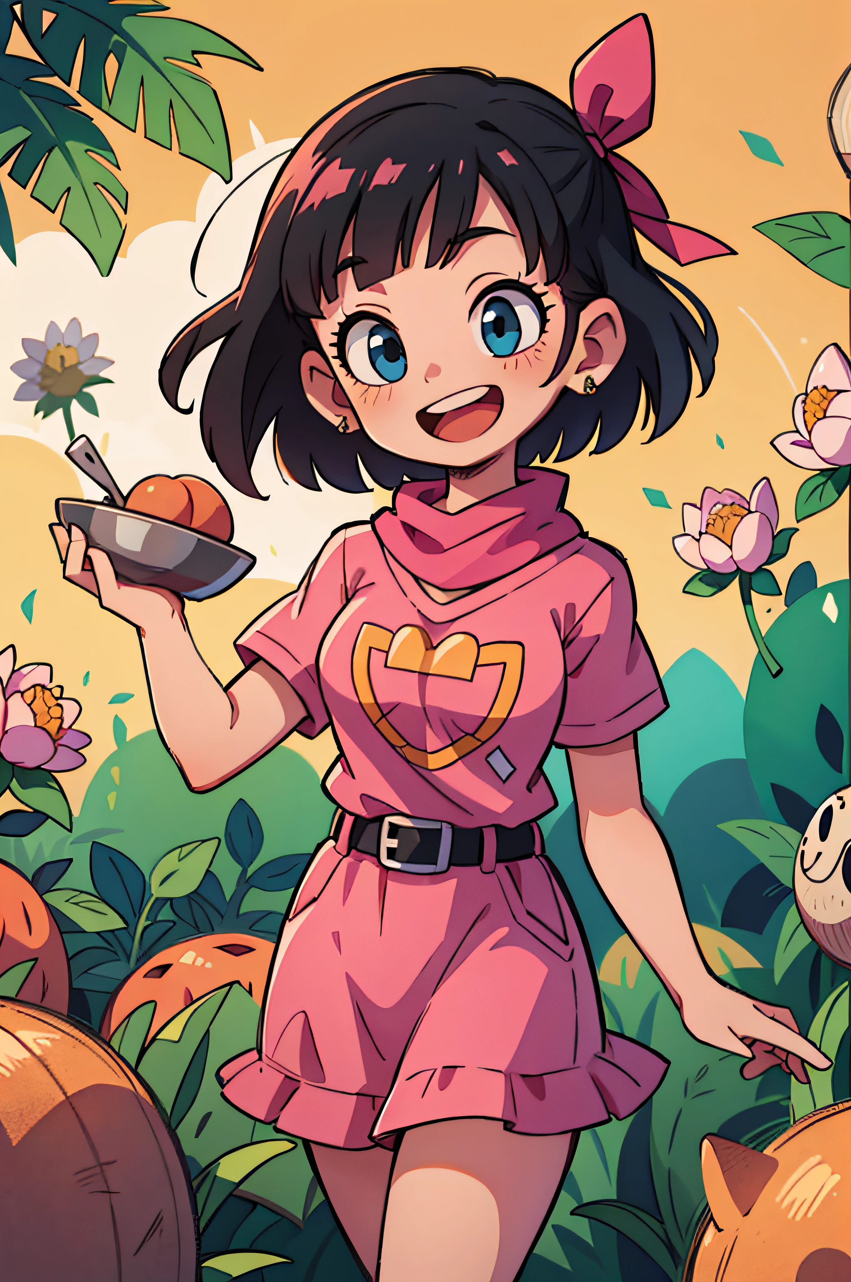 There are peach patterns on the clothes，black hair, hair ribbon, Bowl cut, pink shirt, belt, scarf, pink skirt, clothes writing,smile, open mouth