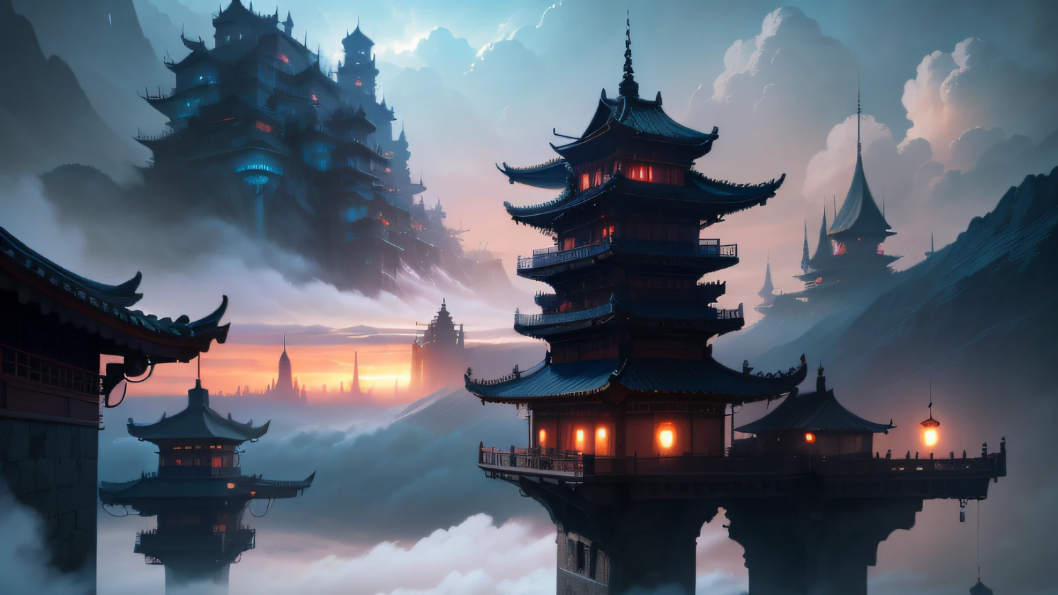 A painting of a pagoda in the middle of a lake - SeaArt AI